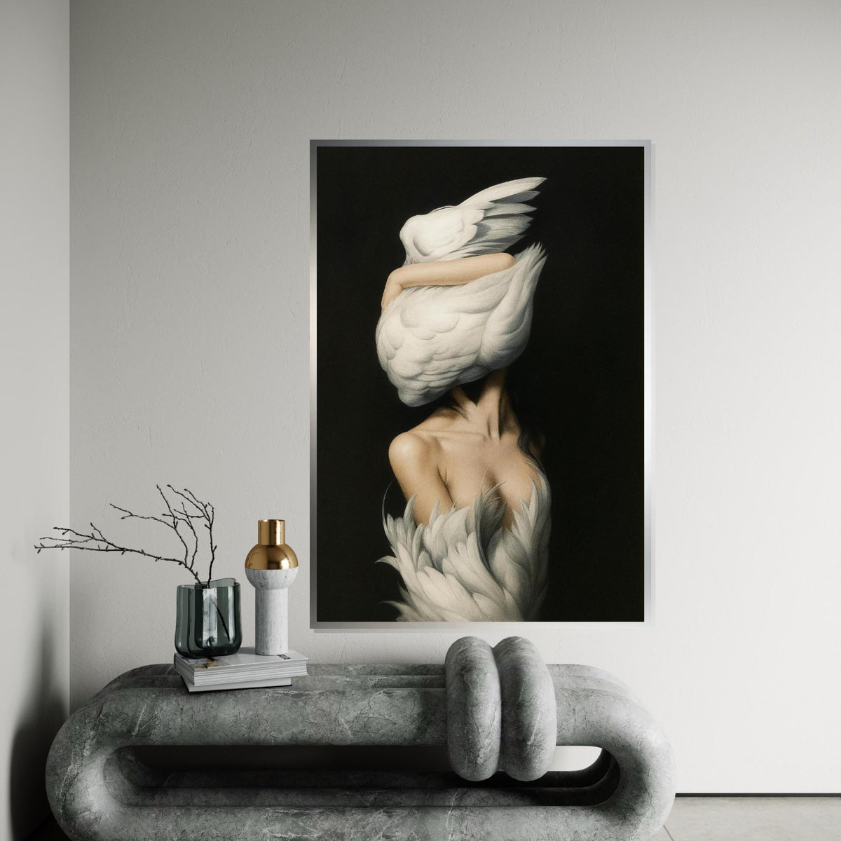 Elegant Swan Embrace Canvas, Swan Woman Wall Art, Surreal Art Print, Wall Art Canvas Design, Ready To Hang Decoration, Gift Art