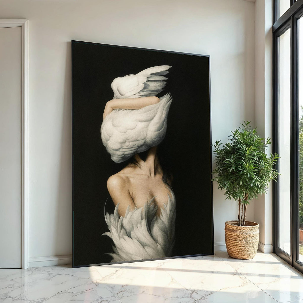 Elegant Swan Embrace Canvas, Swan Woman Wall Art, Surreal Art Print, Wall Art Canvas Design, Ready To Hang Decoration, Gift Art