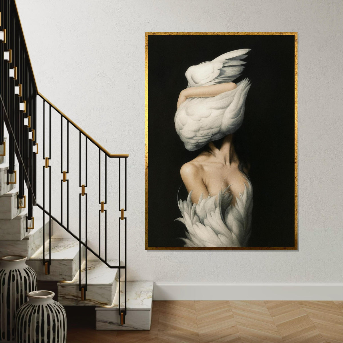 Elegant Swan Embrace Canvas, Swan Woman Wall Art, Surreal Art Print, Wall Art Canvas Design, Ready To Hang Decoration, Gift Art
