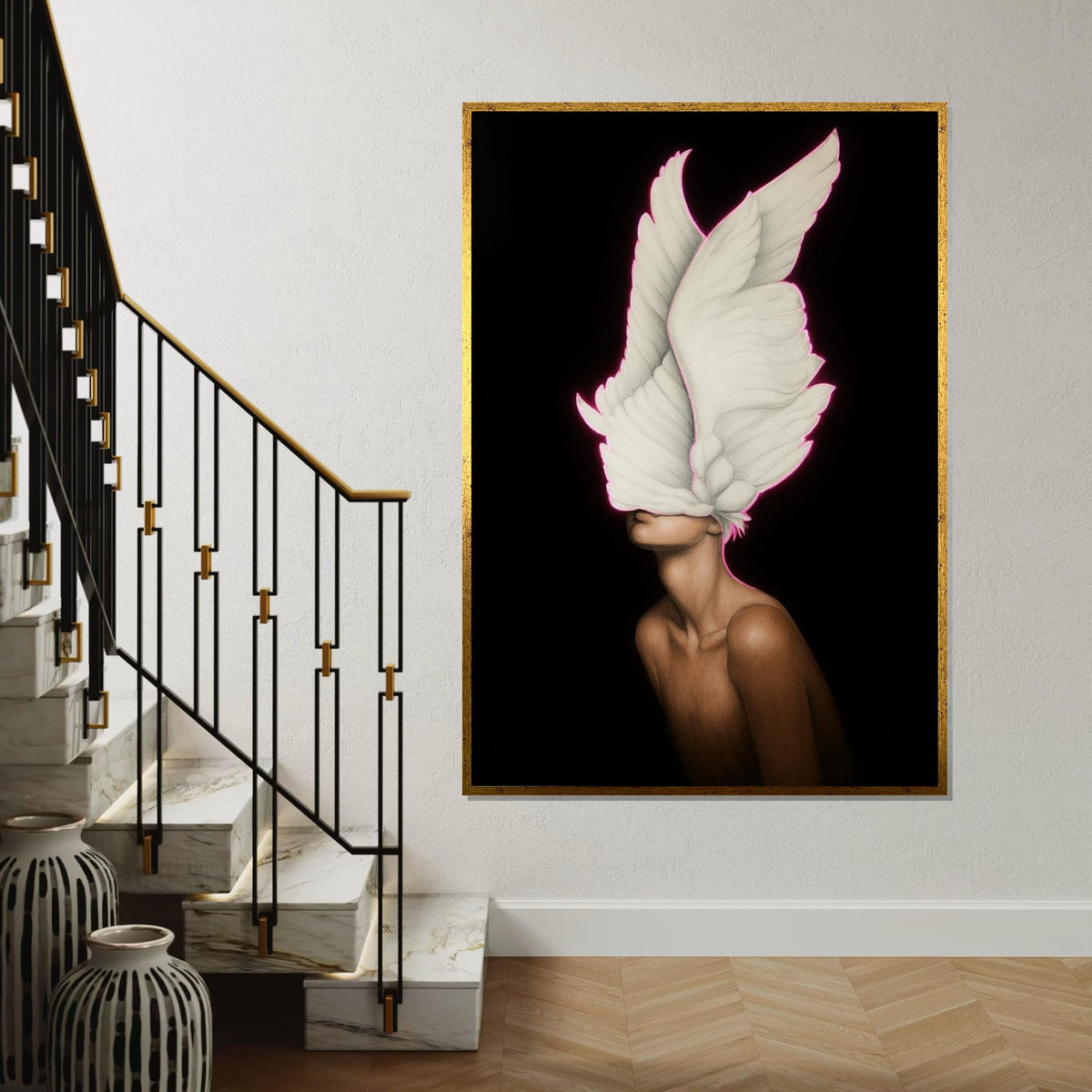 Surreal Winged Vision, Feathered Mask Canvas, Ethereal Art, Wall Art Canvas Design, Modern Artwork, Ready To Hang Decoration, Print Art