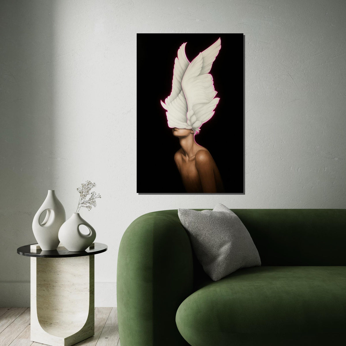 Surreal Winged Vision, Feathered Mask Canvas, Ethereal Art, Wall Art Canvas Design, Modern Artwork, Ready To Hang Decoration, Print Art