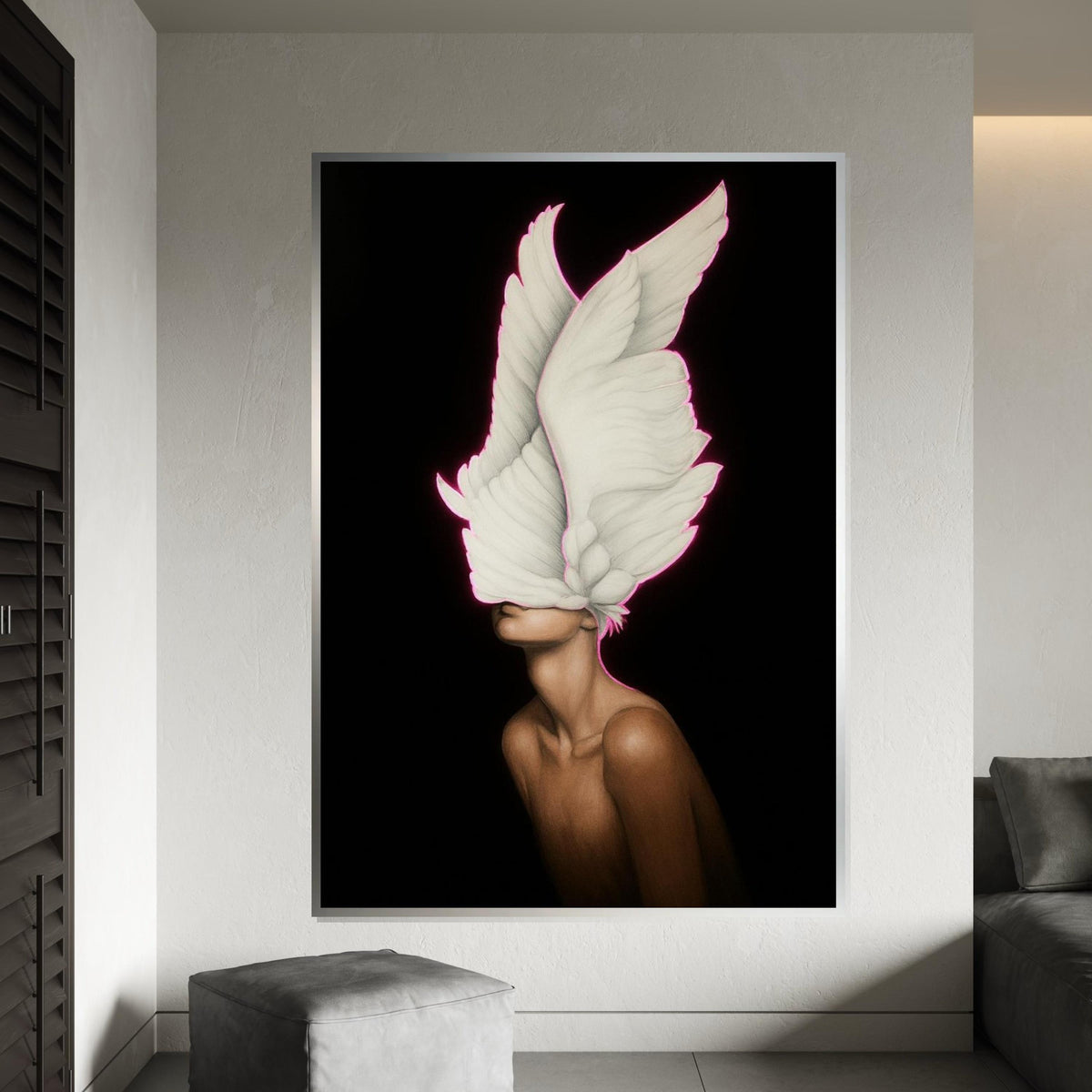 Surreal Winged Vision, Feathered Mask Canvas, Ethereal Art, Wall Art Canvas Design, Modern Artwork, Ready To Hang Decoration, Print Art