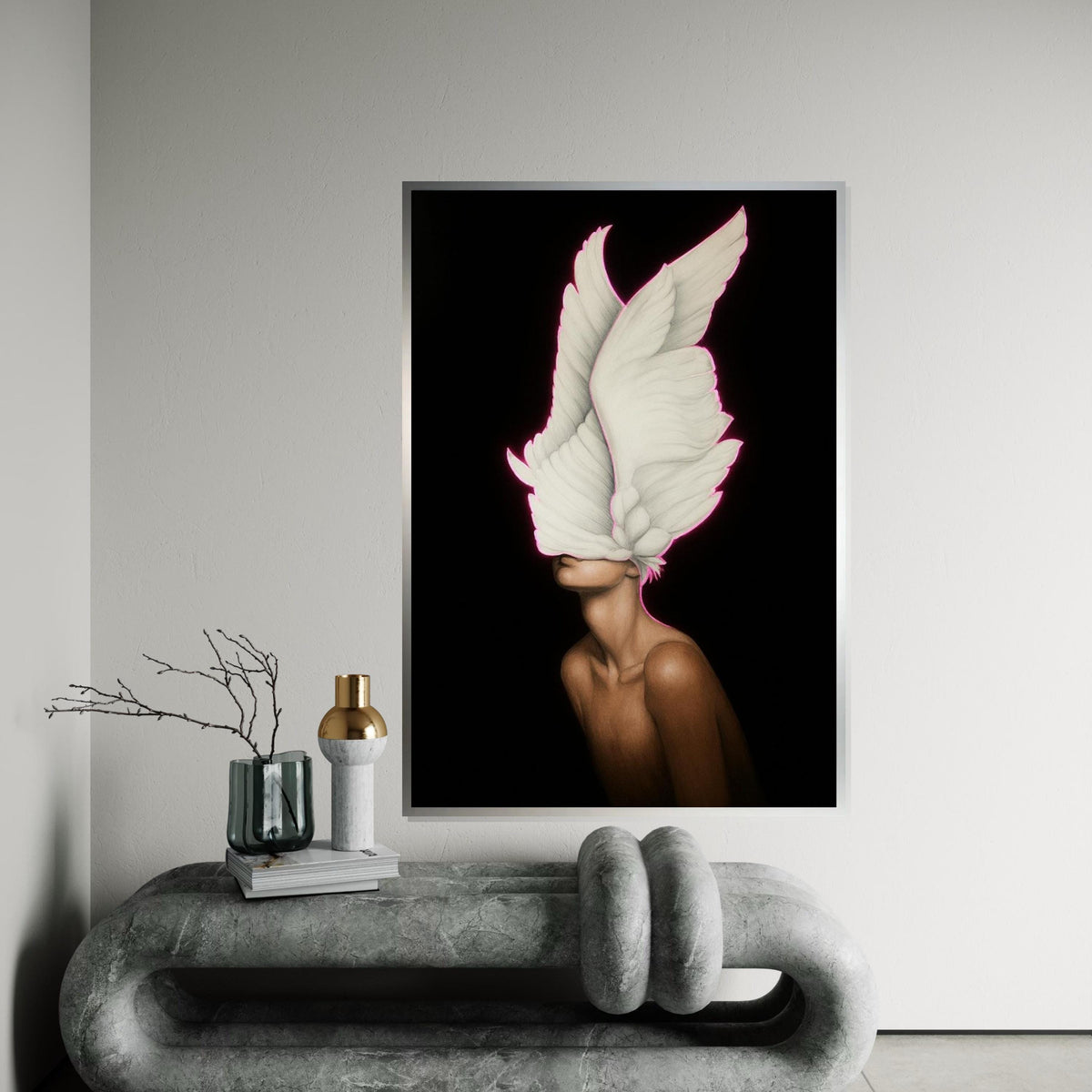 Surreal Winged Vision, Feathered Mask Canvas, Ethereal Art, Wall Art Canvas Design, Modern Artwork, Ready To Hang Decoration, Print Art