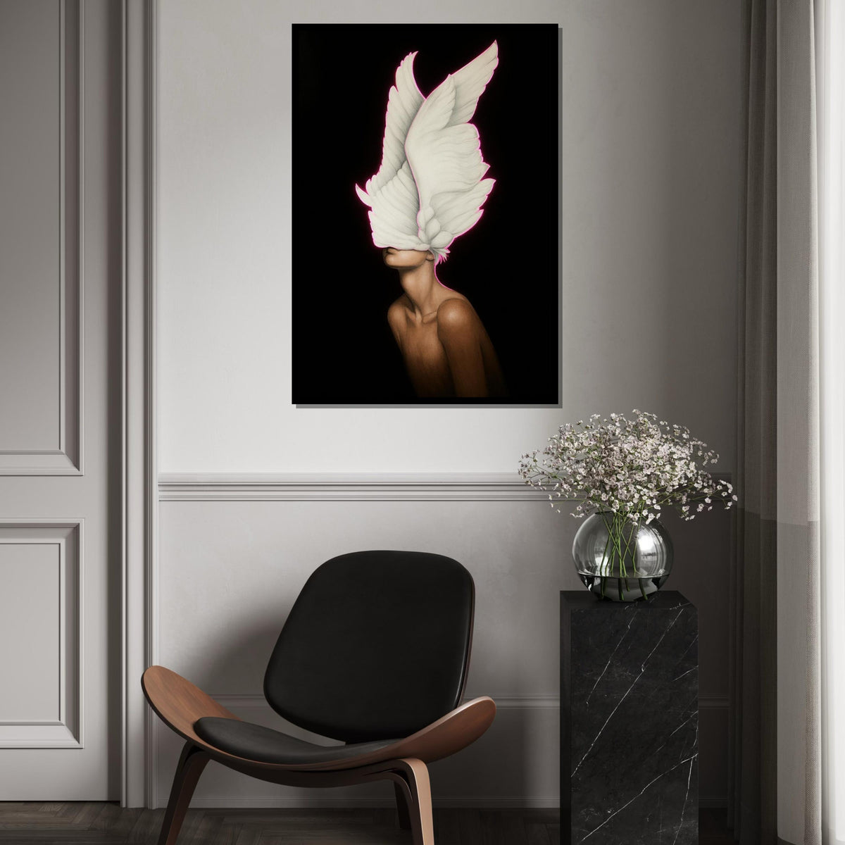 Surreal Winged Vision, Feathered Mask Canvas, Ethereal Art, Wall Art Canvas Design, Modern Artwork, Ready To Hang Decoration, Print Art