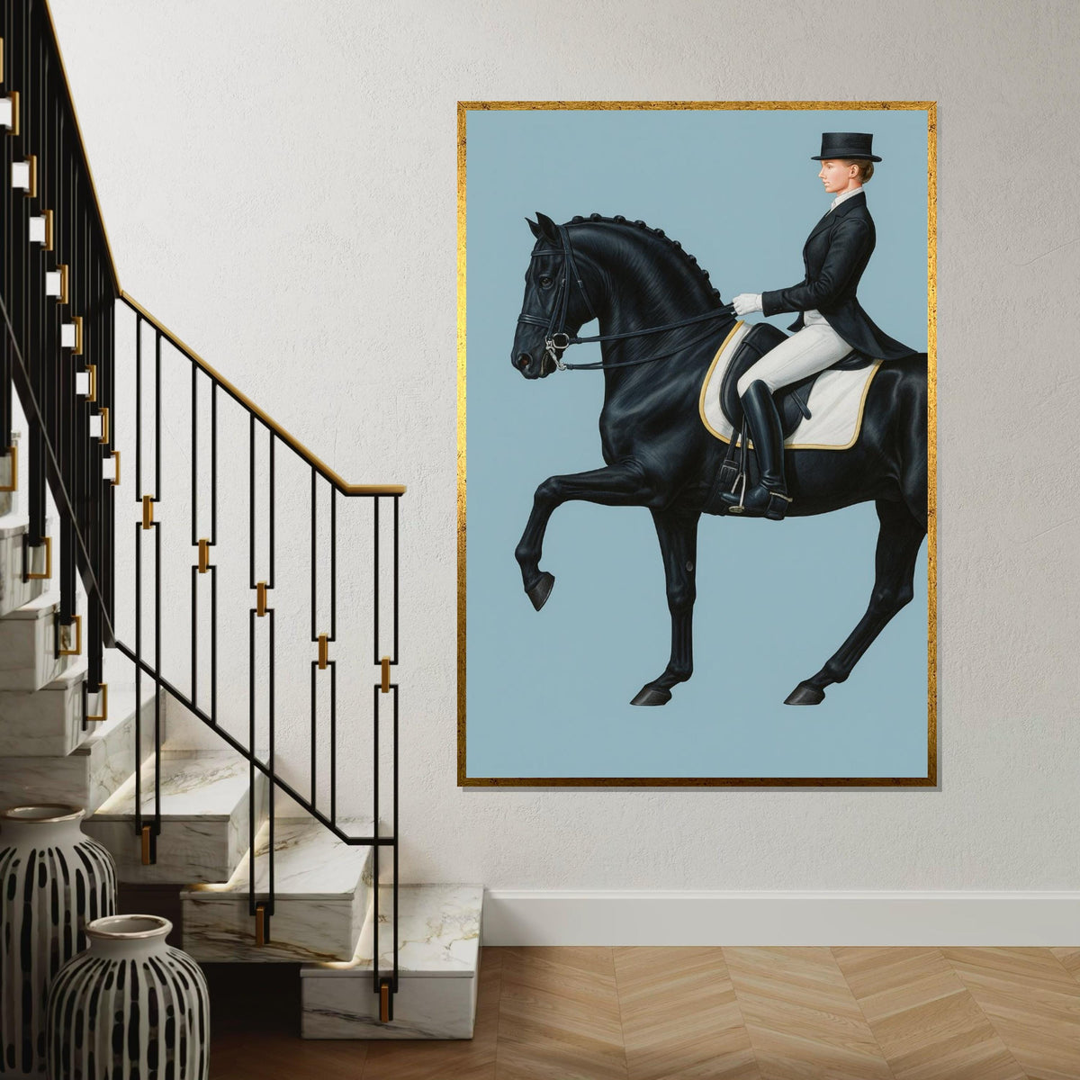 Equestrian Elegance, Horse Rider Canvas, Black Horse Art, Wall Art Canvas Design, Ready To Hang Decoration, Dressage Wall Print
