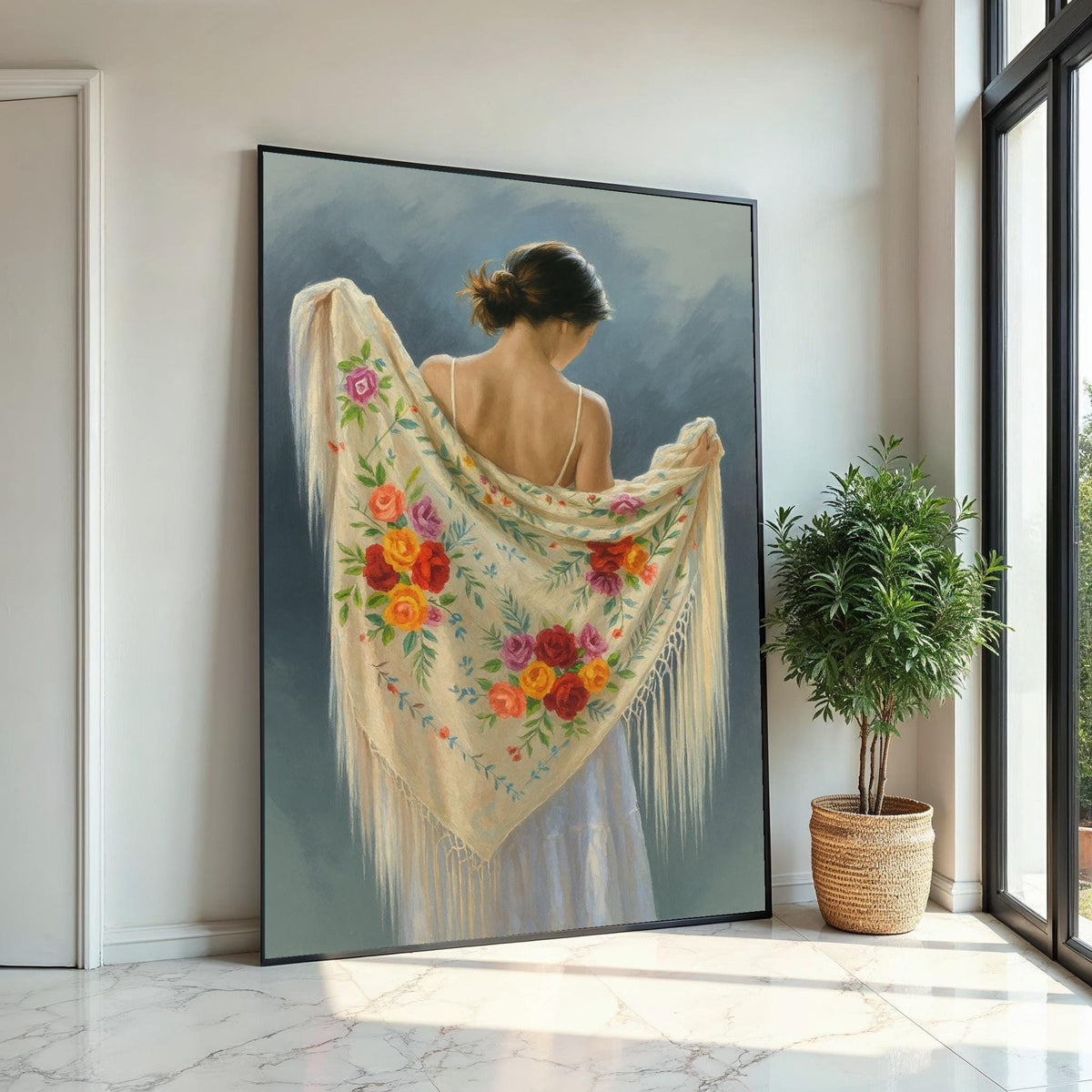 Floral Shawl Lady Canvas, Elegant Woman Art, Flowered Scarf Wall Print, Wall Art Canvas Design, Ready to Hang Decoration