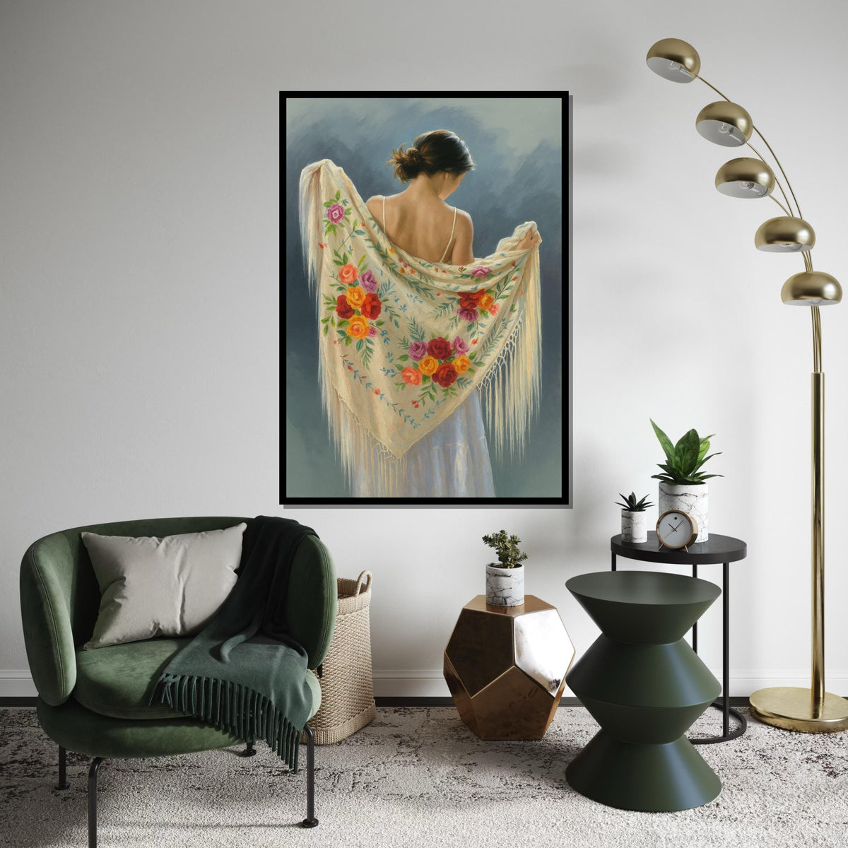 Floral Shawl Lady Canvas, Elegant Woman Art, Flowered Scarf Wall Print, Wall Art Canvas Design, Ready to Hang Decoration