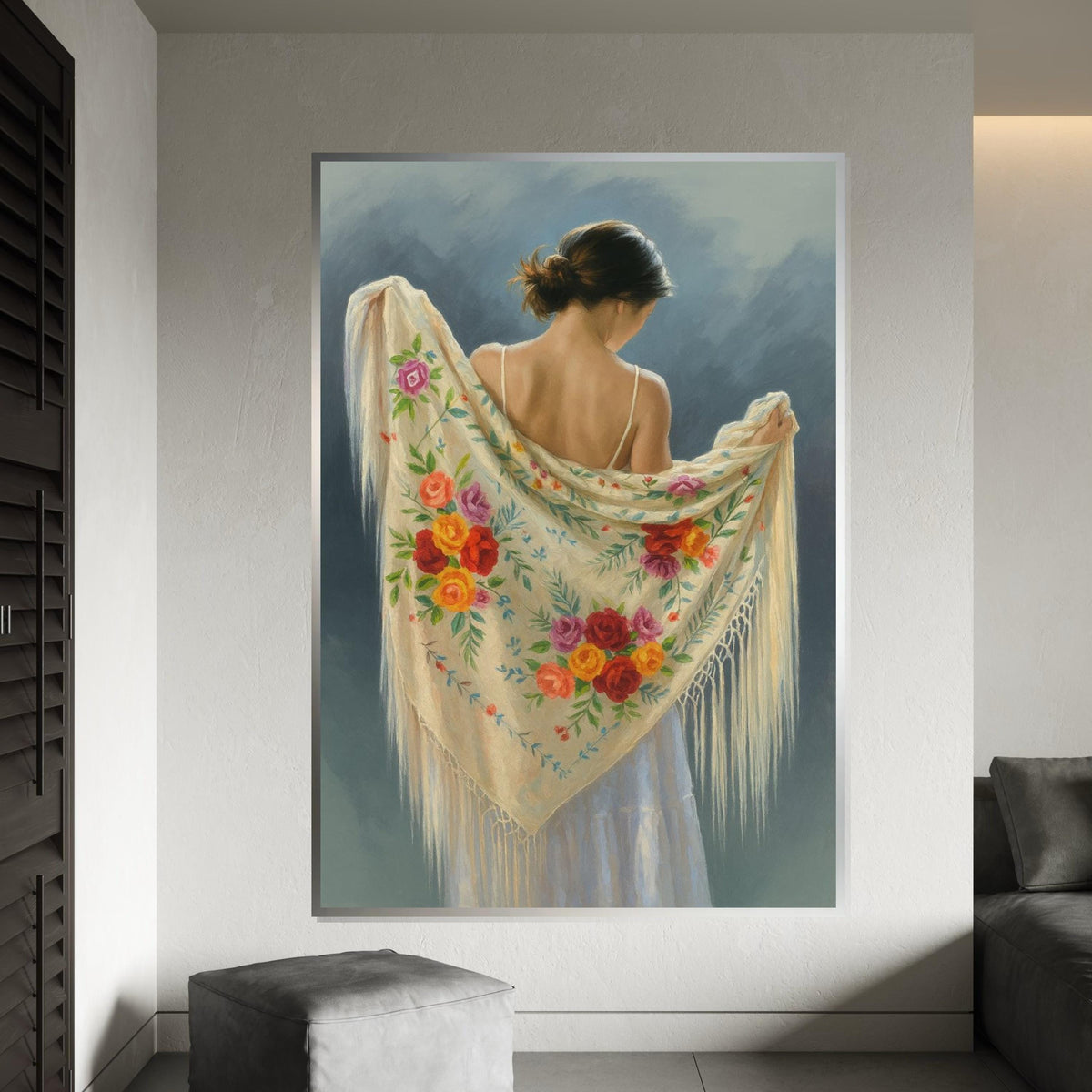 Floral Shawl Lady Canvas, Elegant Woman Art, Flowered Scarf Wall Print, Wall Art Canvas Design, Ready to Hang Decoration