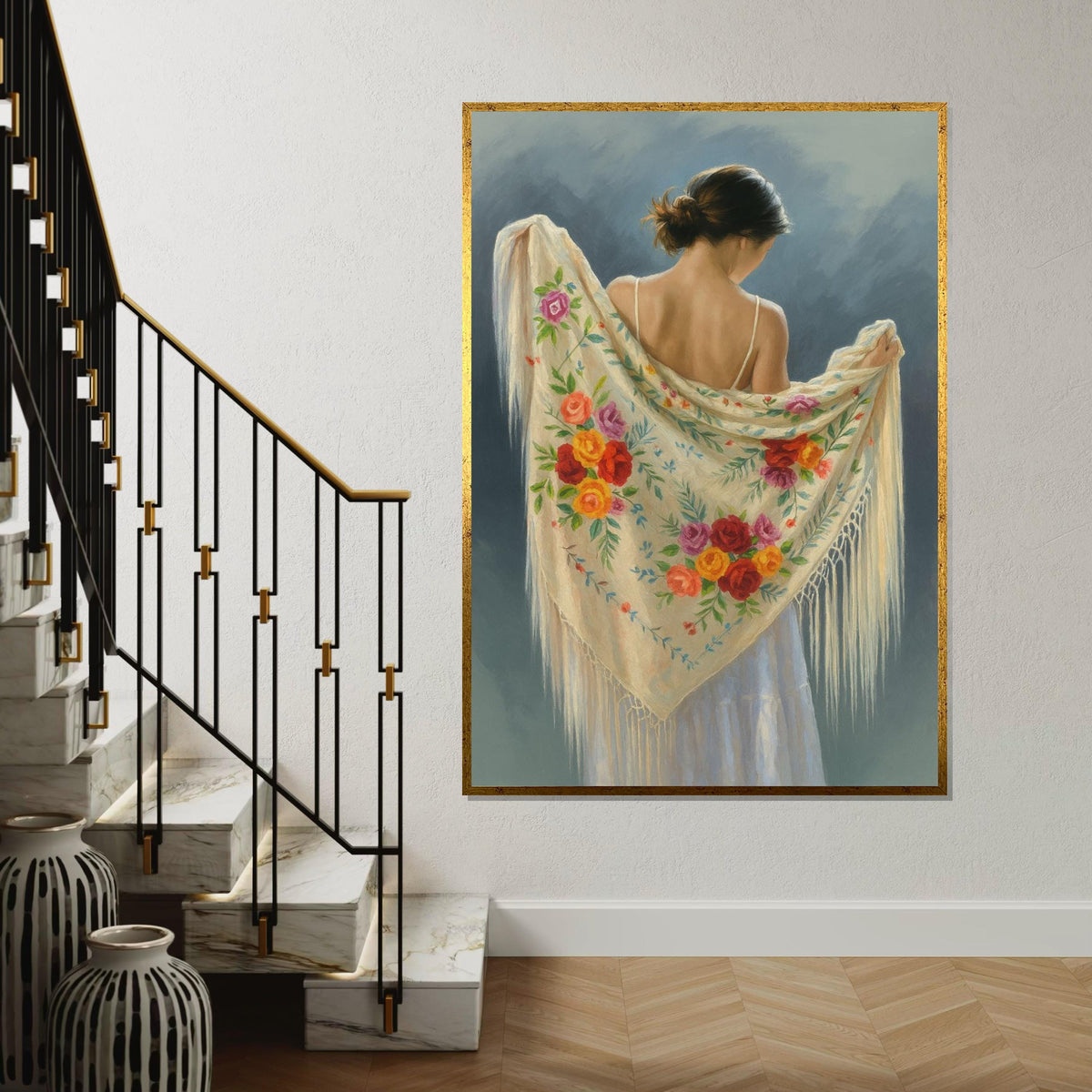 Floral Shawl Lady Canvas, Elegant Woman Art, Flowered Scarf Wall Print, Wall Art Canvas Design, Ready to Hang Decoration