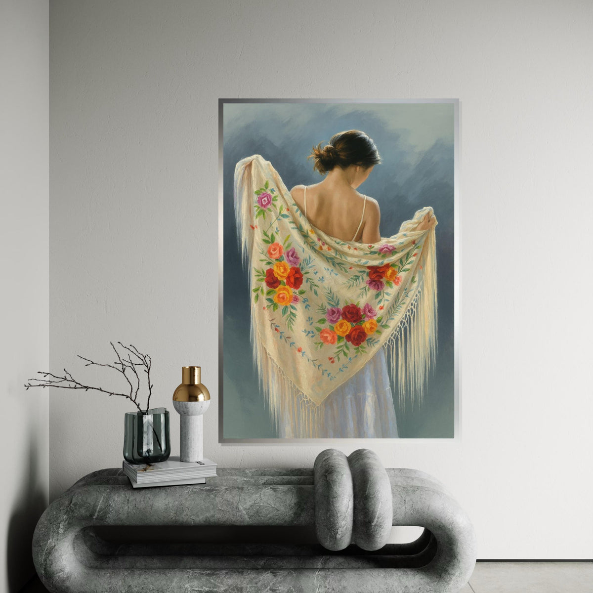 Floral Shawl Lady Canvas, Elegant Woman Art, Flowered Scarf Wall Print, Wall Art Canvas Design, Ready to Hang Decoration