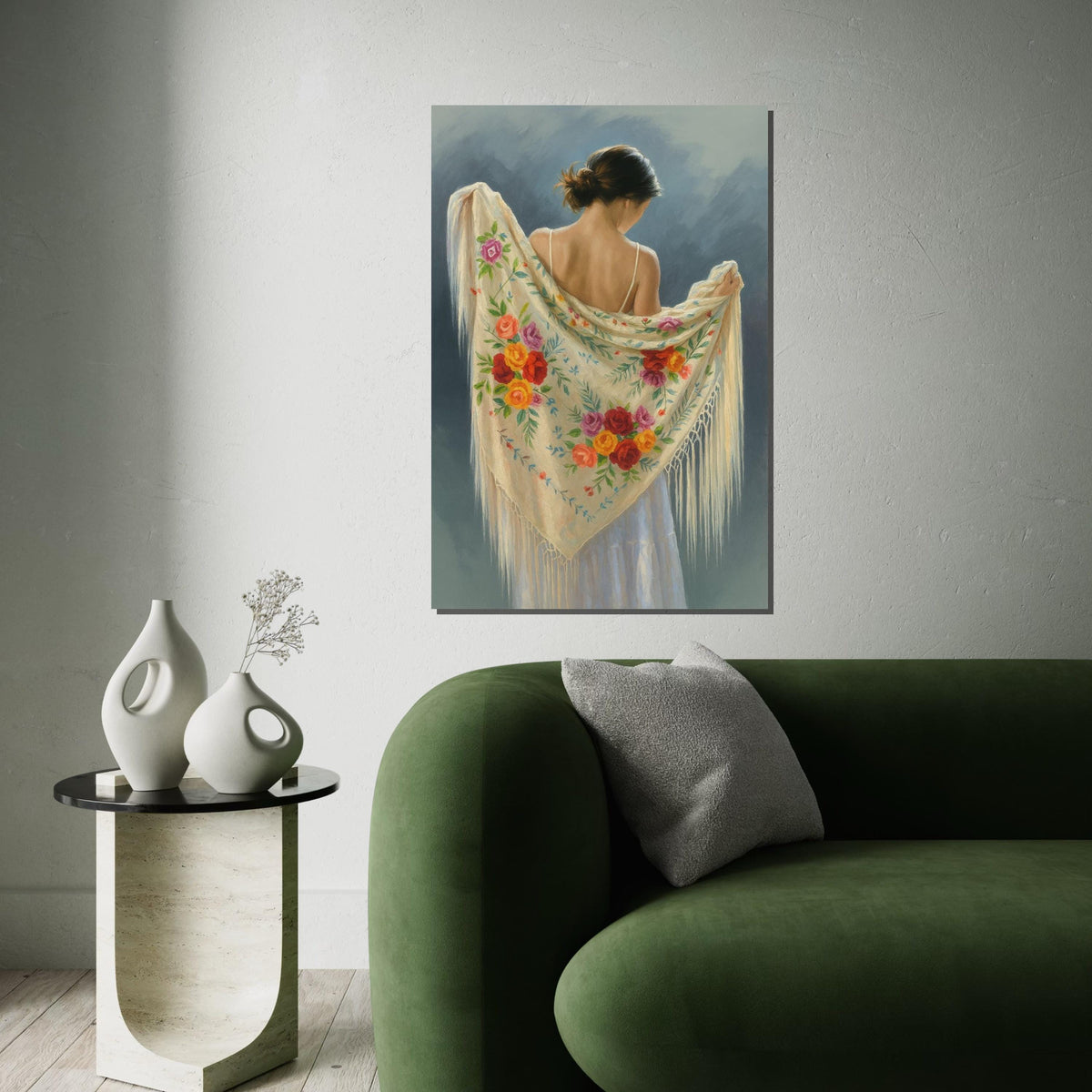 Floral Shawl Lady Canvas, Elegant Woman Art, Flowered Scarf Wall Print, Wall Art Canvas Design, Ready to Hang Decoration
