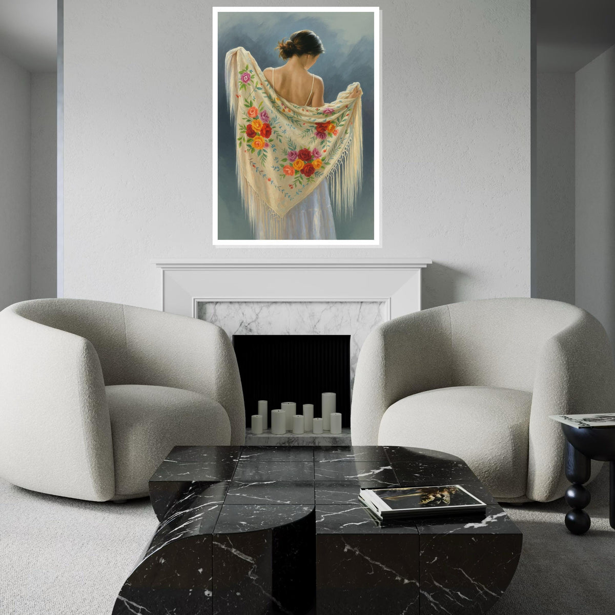 Floral Shawl Lady Canvas, Elegant Woman Art, Flowered Scarf Wall Print, Wall Art Canvas Design, Ready to Hang Decoration