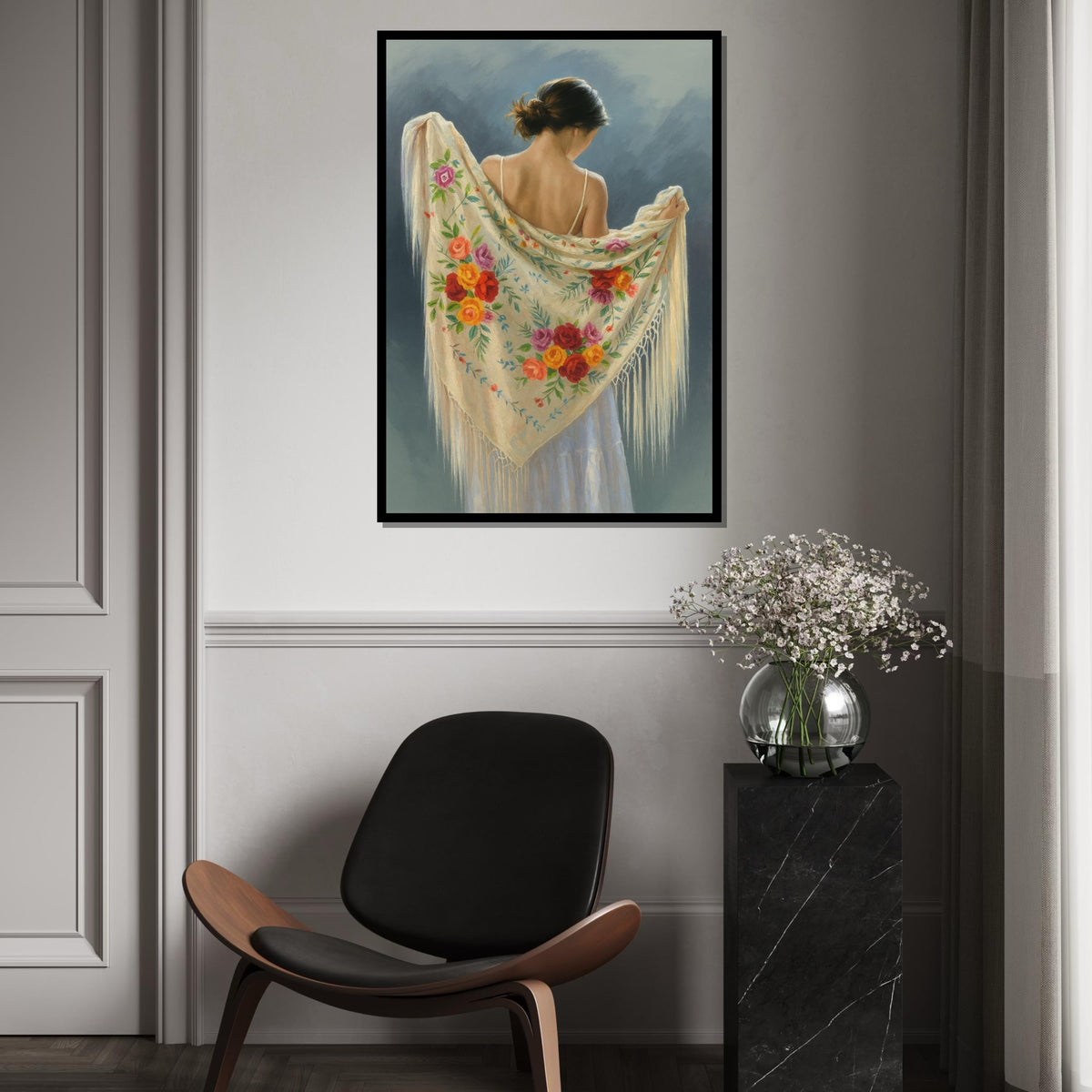 Floral Shawl Lady Canvas, Elegant Woman Art, Flowered Scarf Wall Print, Wall Art Canvas Design, Ready to Hang Decoration