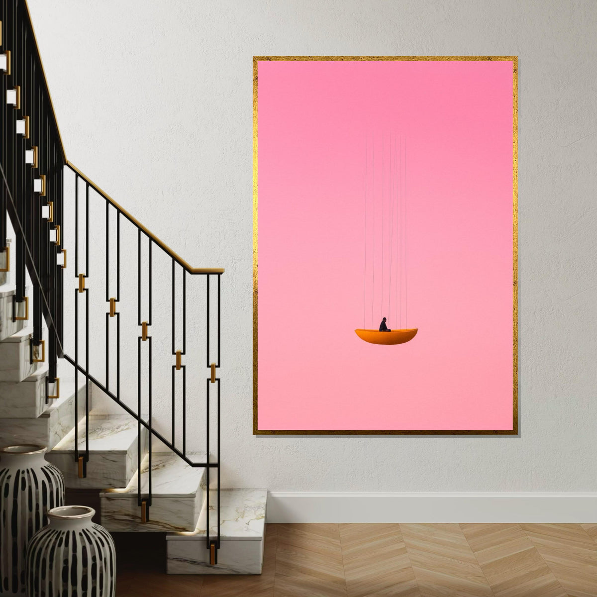 Dreamy Swing, Pink Sky Canvas, Minimalist Art, Surreal Wall Art, Modern Canvas Design, Contemporary Decor, Ready to Hang Wall Art