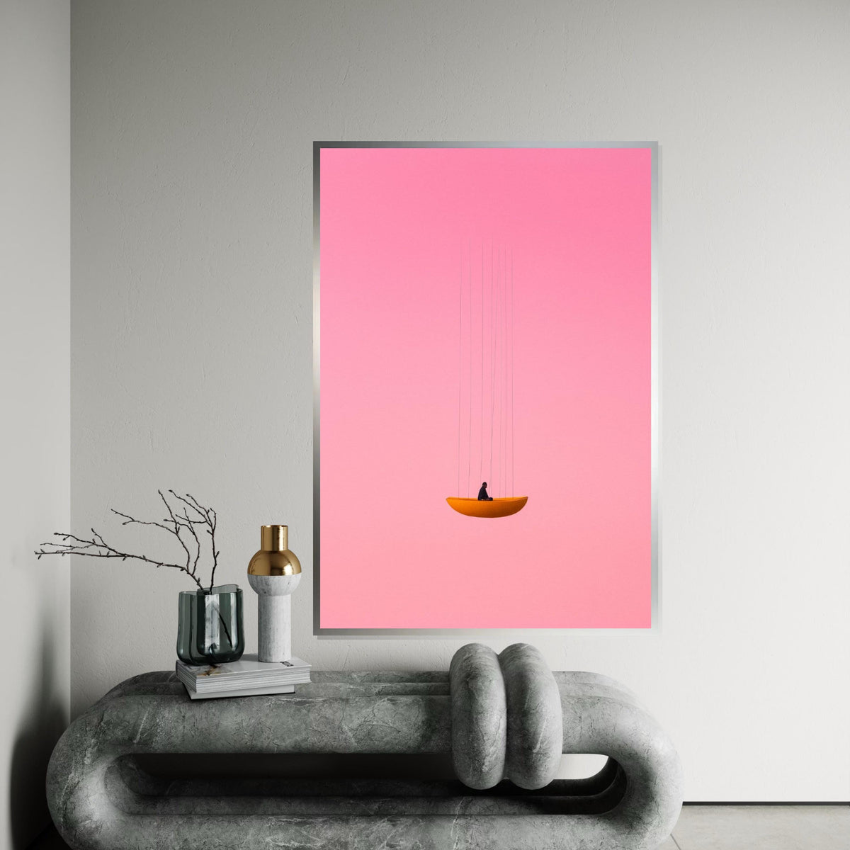 Dreamy Swing, Pink Sky Canvas, Minimalist Art, Surreal Wall Art, Modern Canvas Design, Contemporary Decor, Ready to Hang Wall Art