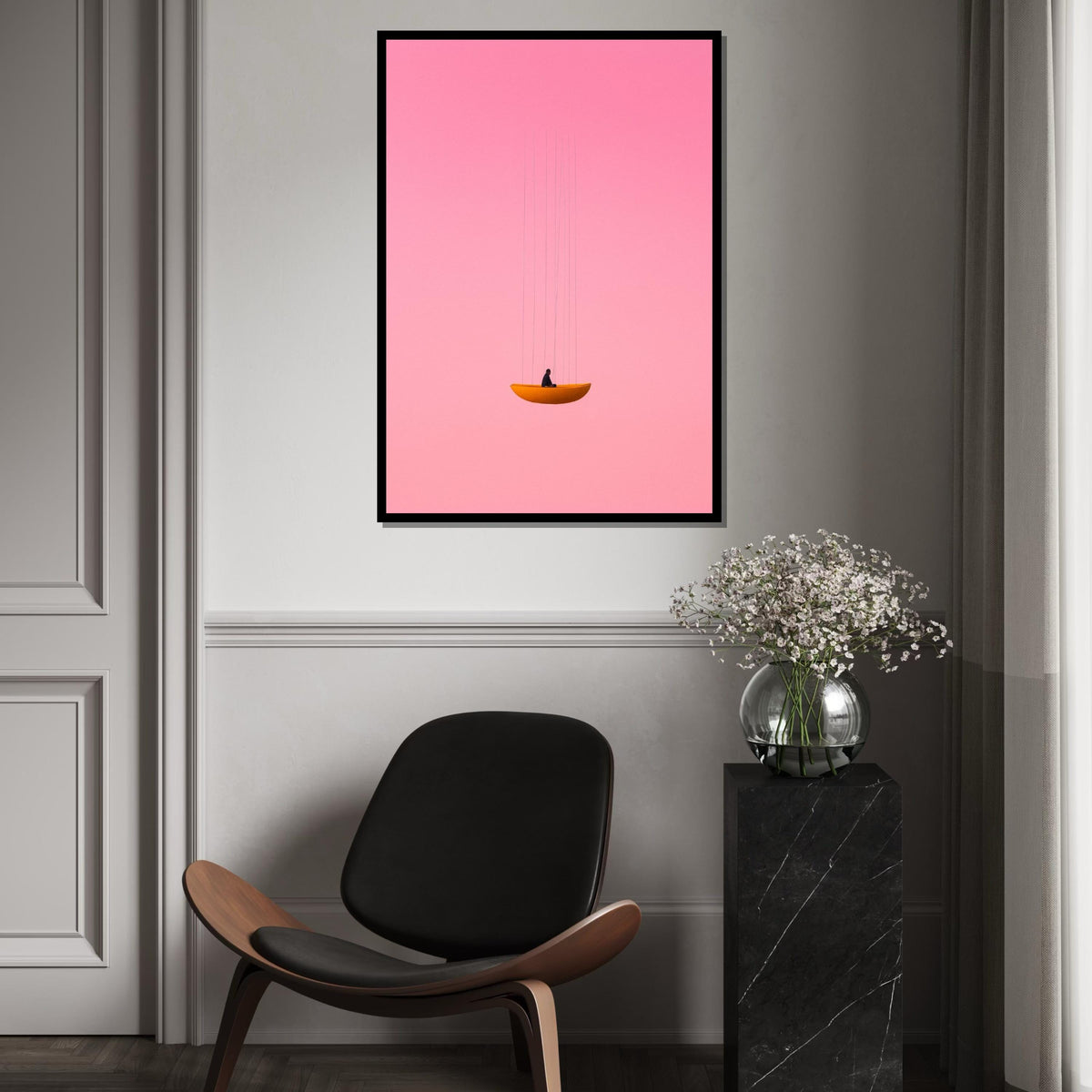 Dreamy Swing, Pink Sky Canvas, Minimalist Art, Surreal Wall Art, Modern Canvas Design, Contemporary Decor, Ready to Hang Wall Art