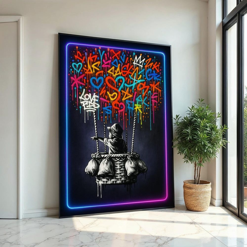 New Graffiti Balloon Ride, Colorful Graffiti Art, Banksy Wall Art Canvas, Urban Street Style, Neon Framed Canvas, Ready To Hang Decoration