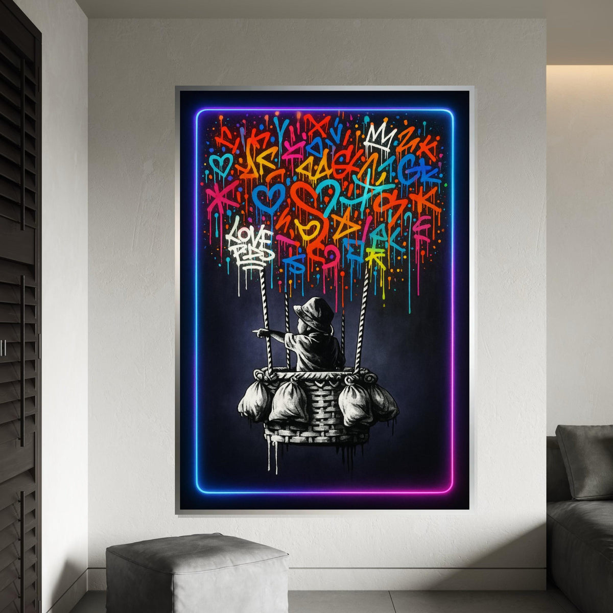 New Graffiti Balloon Ride, Colorful Graffiti Art, Banksy Wall Art Canvas, Urban Street Style, Neon Framed Canvas, Ready To Hang Decoration