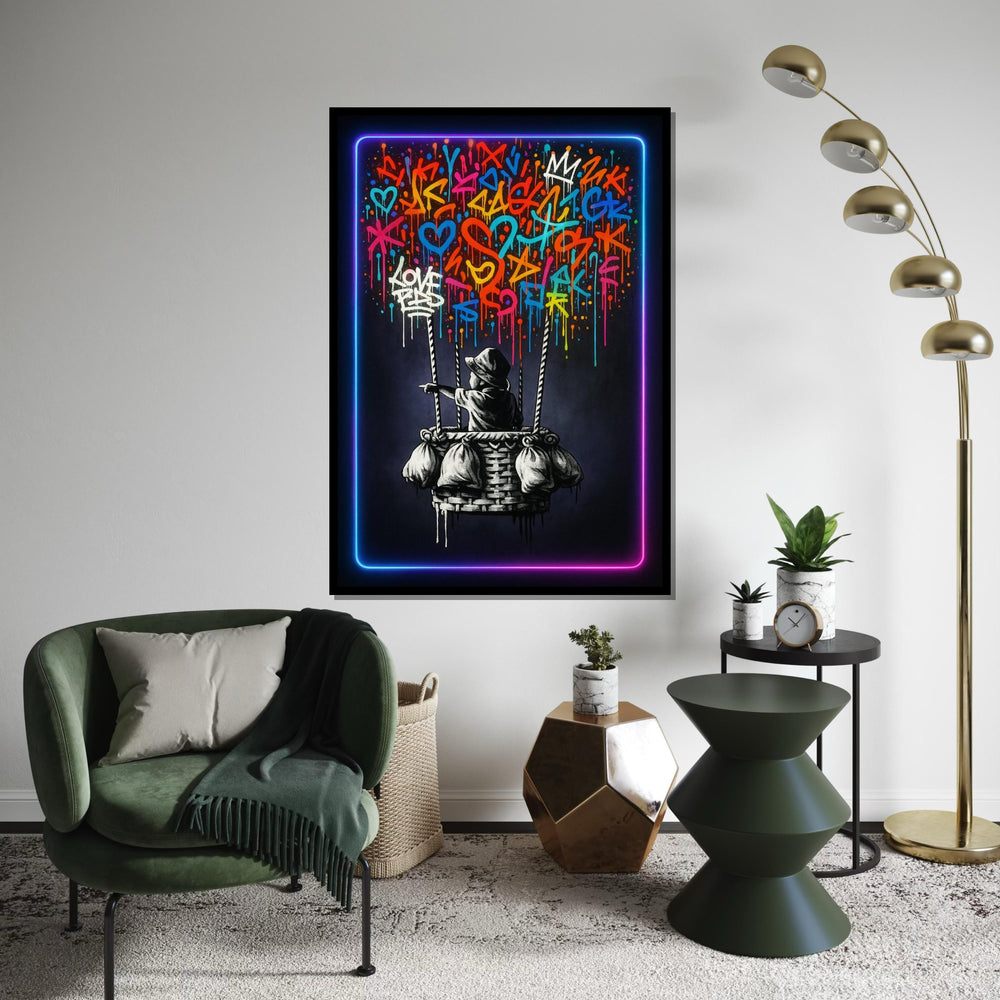 New Graffiti Balloon Ride, Colorful Graffiti Art, Banksy Wall Art Canvas, Urban Street Style, Neon Framed Canvas, Ready To Hang Decoration