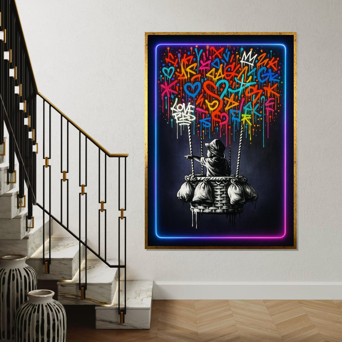 New Graffiti Balloon Ride, Colorful Graffiti Art, Banksy Wall Art Canvas, Urban Street Style, Neon Framed Canvas, Ready To Hang Decoration