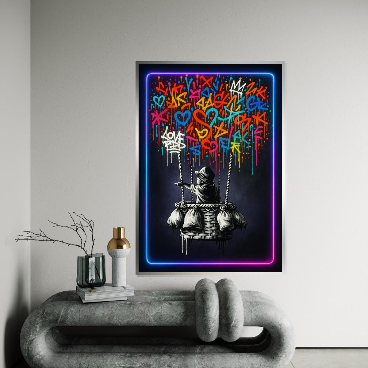 New Graffiti Balloon Ride, Colorful Graffiti Art, Banksy Wall Art Canvas, Urban Street Style, Neon Framed Canvas, Ready To Hang Decoration