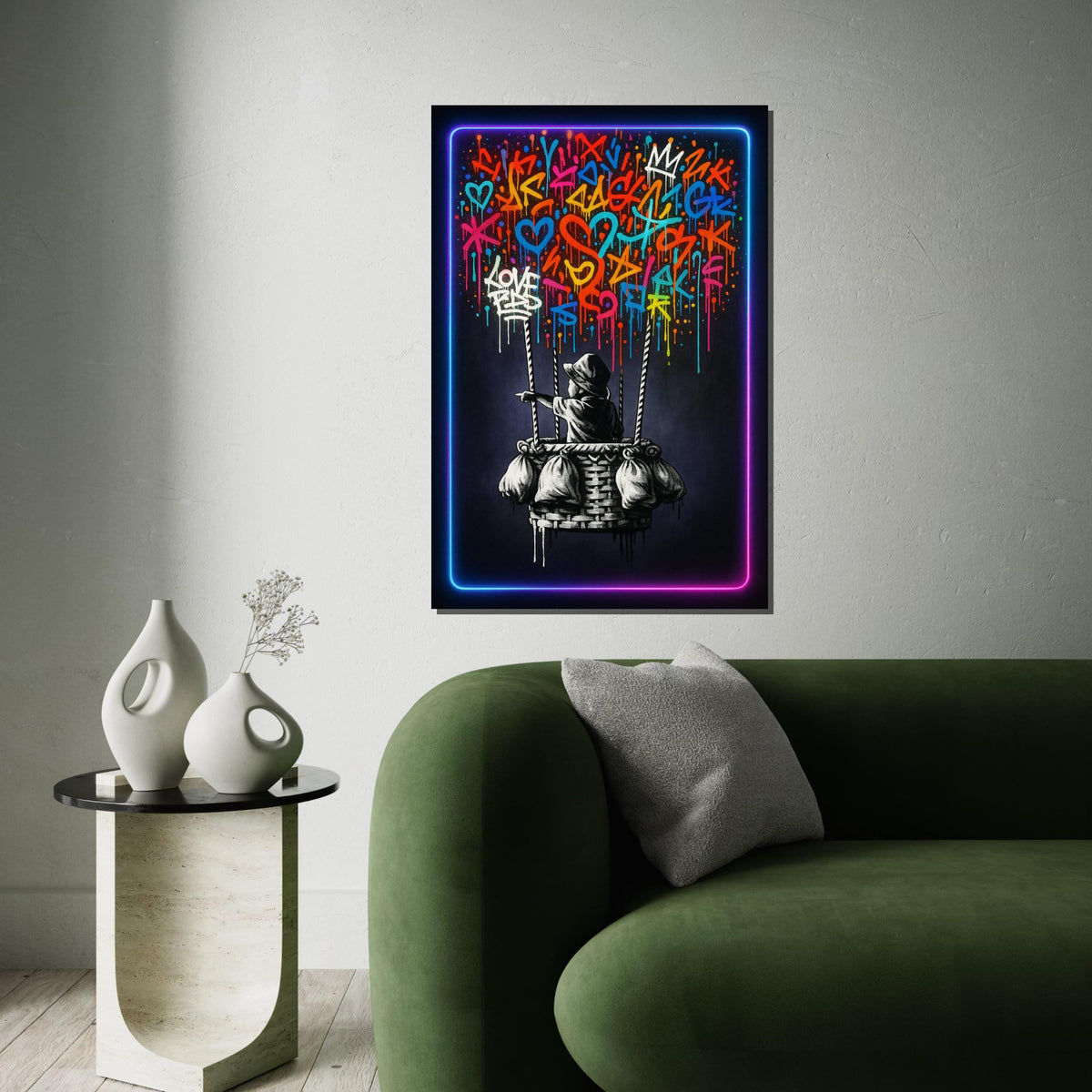 New Graffiti Balloon Ride, Colorful Graffiti Art, Banksy Wall Art Canvas, Urban Street Style, Neon Framed Canvas, Ready To Hang Decoration