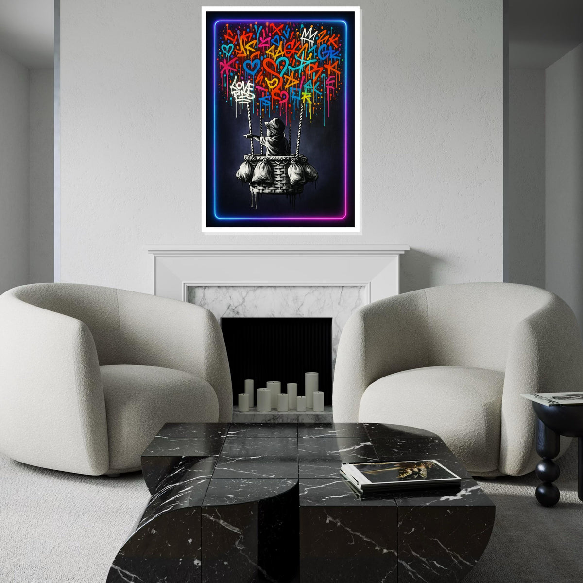 New Graffiti Balloon Ride, Colorful Graffiti Art, Banksy Wall Art Canvas, Urban Street Style, Neon Framed Canvas, Ready To Hang Decoration