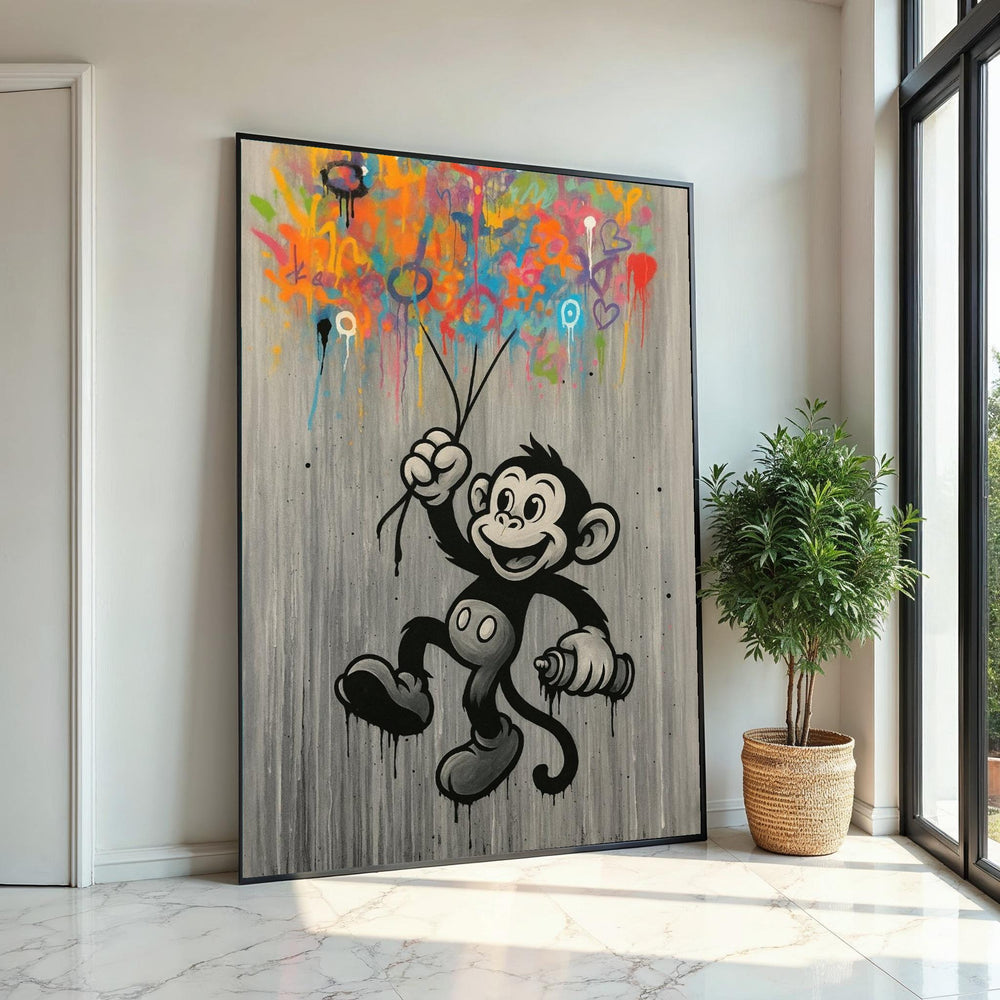 Cheerful Monkey Graffiti, Colorful Spray Paint Canvas, Monkey Wall Art, Urban Street Wall Art Canvas Design, Ready To Hang Decoration