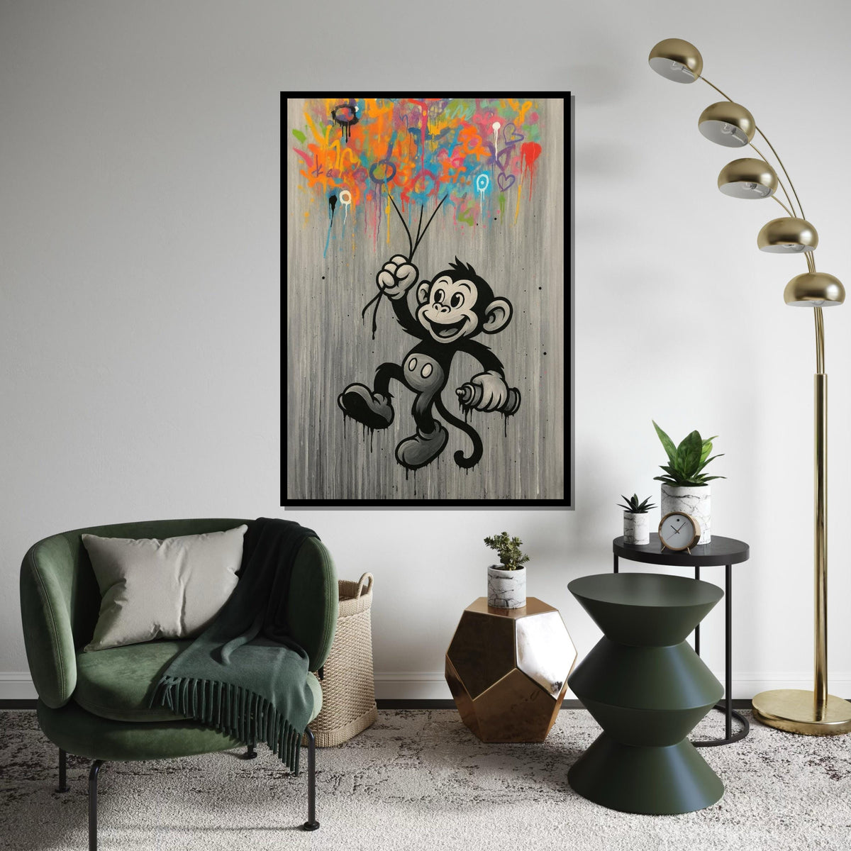 Cheerful Monkey Graffiti, Colorful Spray Paint Canvas, Monkey Wall Art, Urban Street Wall Art Canvas Design, Ready To Hang Decoration