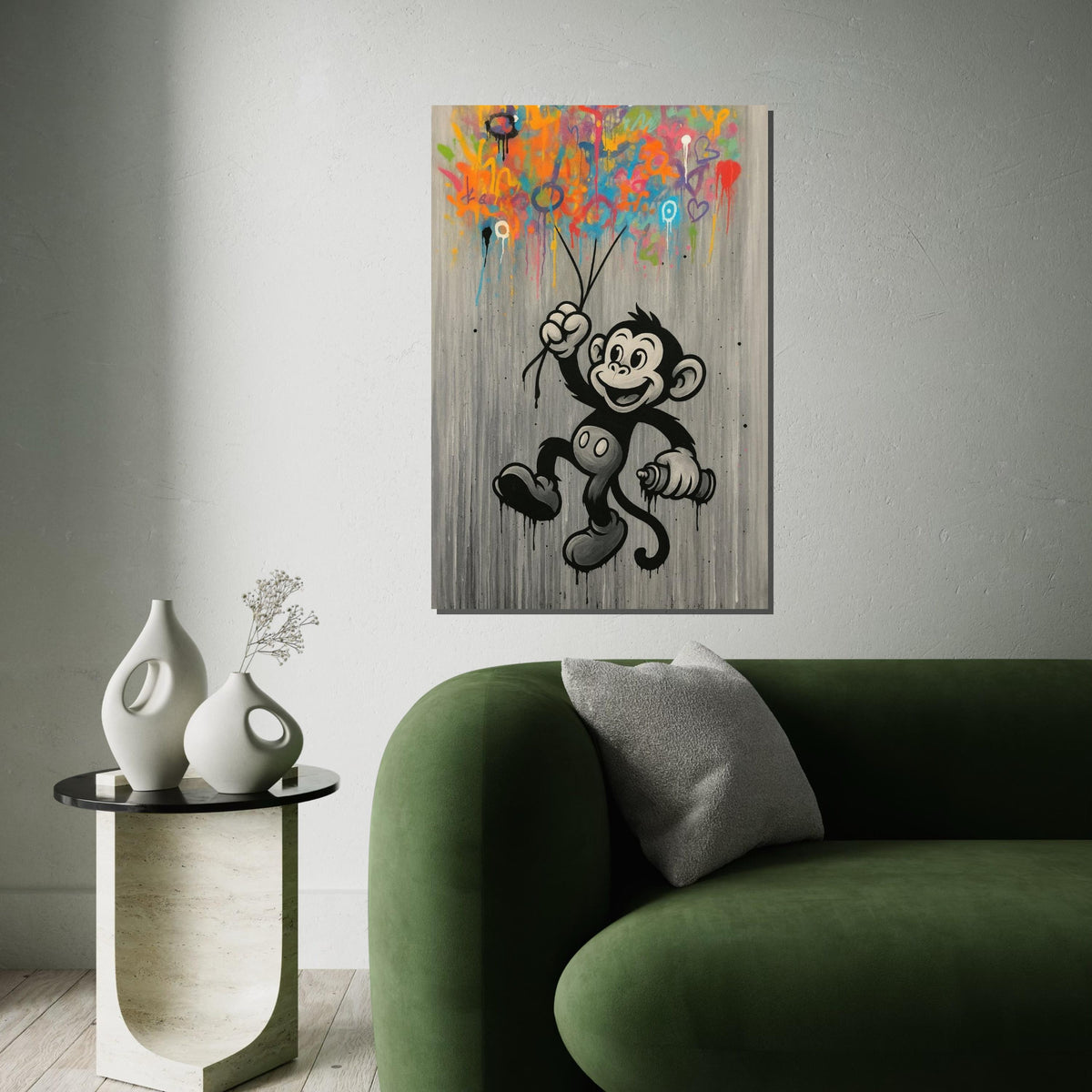 Cheerful Monkey Graffiti, Colorful Spray Paint Canvas, Monkey Wall Art, Urban Street Wall Art Canvas Design, Ready To Hang Decoration