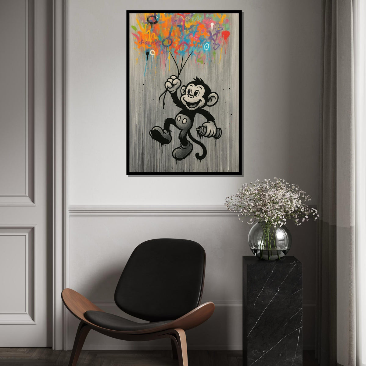 Cheerful Monkey Graffiti, Colorful Spray Paint Canvas, Monkey Wall Art, Urban Street Wall Art Canvas Design, Ready To Hang Decoration