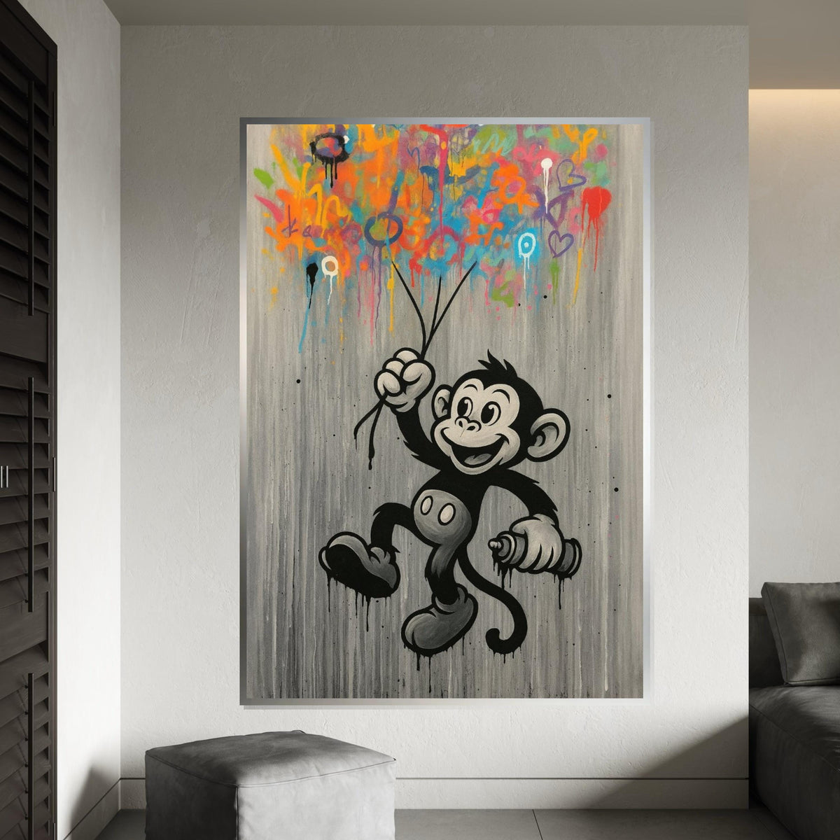 Cheerful Monkey Graffiti, Colorful Spray Paint Canvas, Monkey Wall Art, Urban Street Wall Art Canvas Design, Ready To Hang Decoration