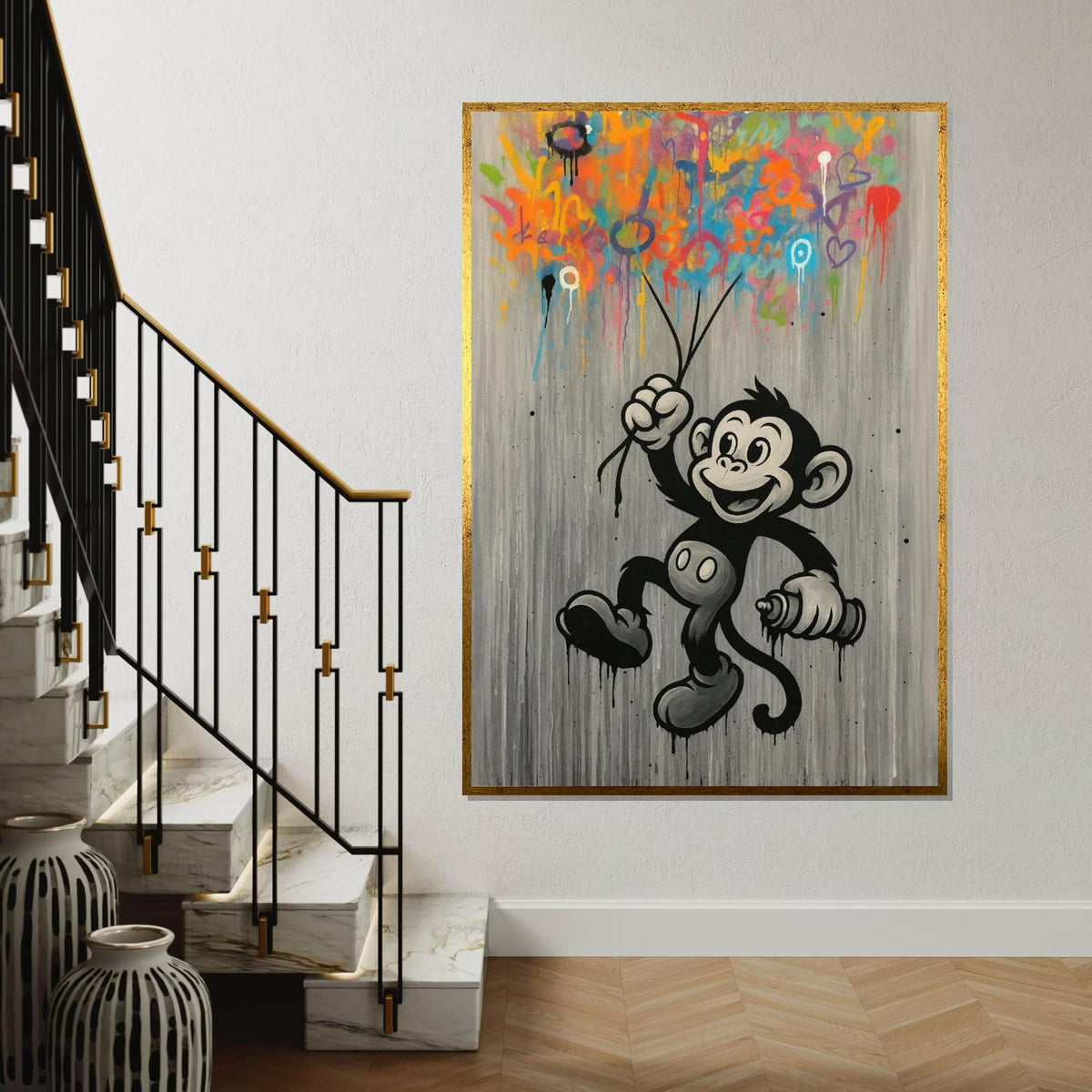 Cheerful Monkey Graffiti, Colorful Spray Paint Canvas, Monkey Wall Art, Urban Street Wall Art Canvas Design, Ready To Hang Decoration