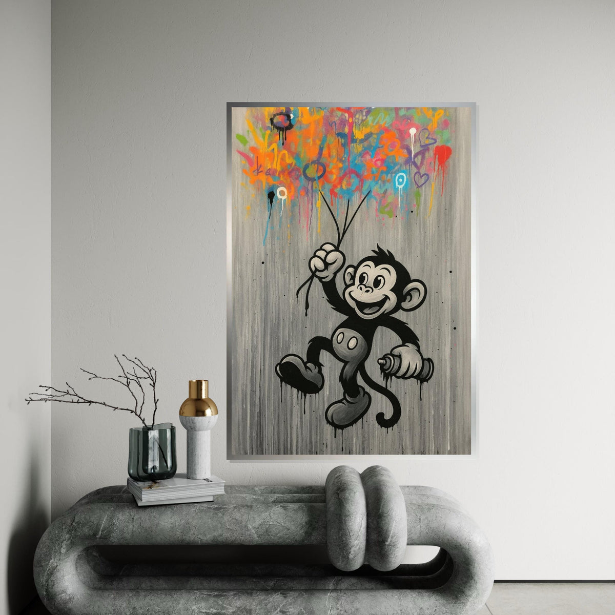 Cheerful Monkey Graffiti, Colorful Spray Paint Canvas, Monkey Wall Art, Urban Street Wall Art Canvas Design, Ready To Hang Decoration