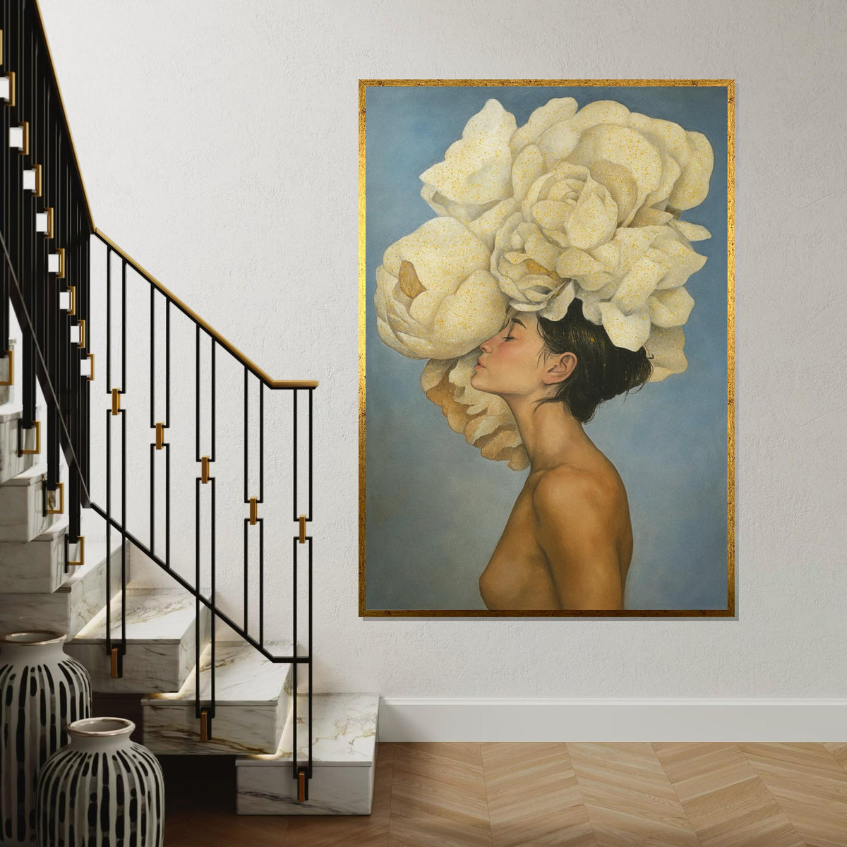 Floral Crown Beauty Canvas, Woman with Flowers Art, Elegant Wall Art, Canvas Design, Ready to Hang Deco, Ethereal Portrait Print