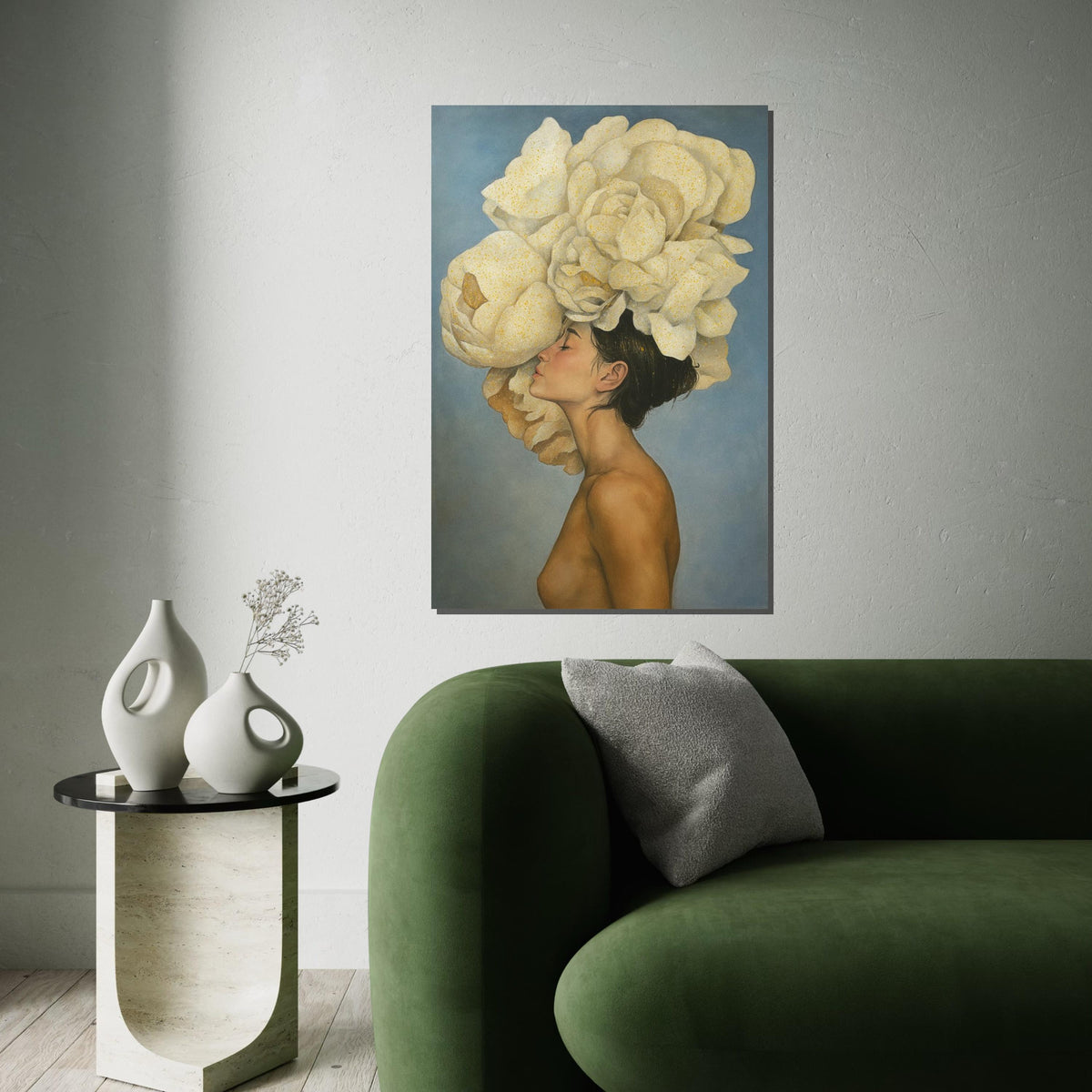 Floral Crown Beauty Canvas, Woman with Flowers Art, Elegant Wall Art, Canvas Design, Ready to Hang Deco, Ethereal Portrait Print
