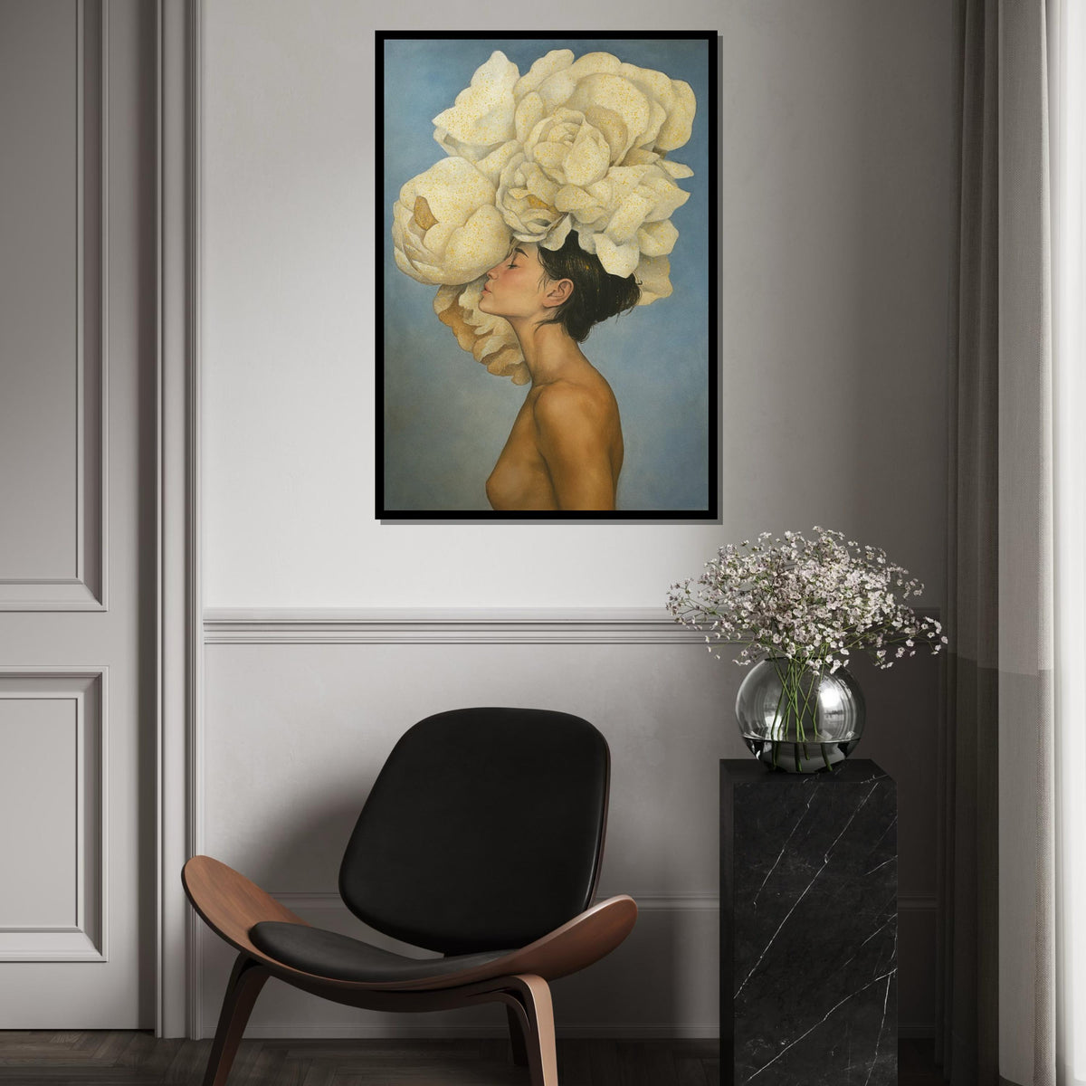 Floral Crown Beauty Canvas, Woman with Flowers Art, Elegant Wall Art, Canvas Design, Ready to Hang Deco, Ethereal Portrait Print