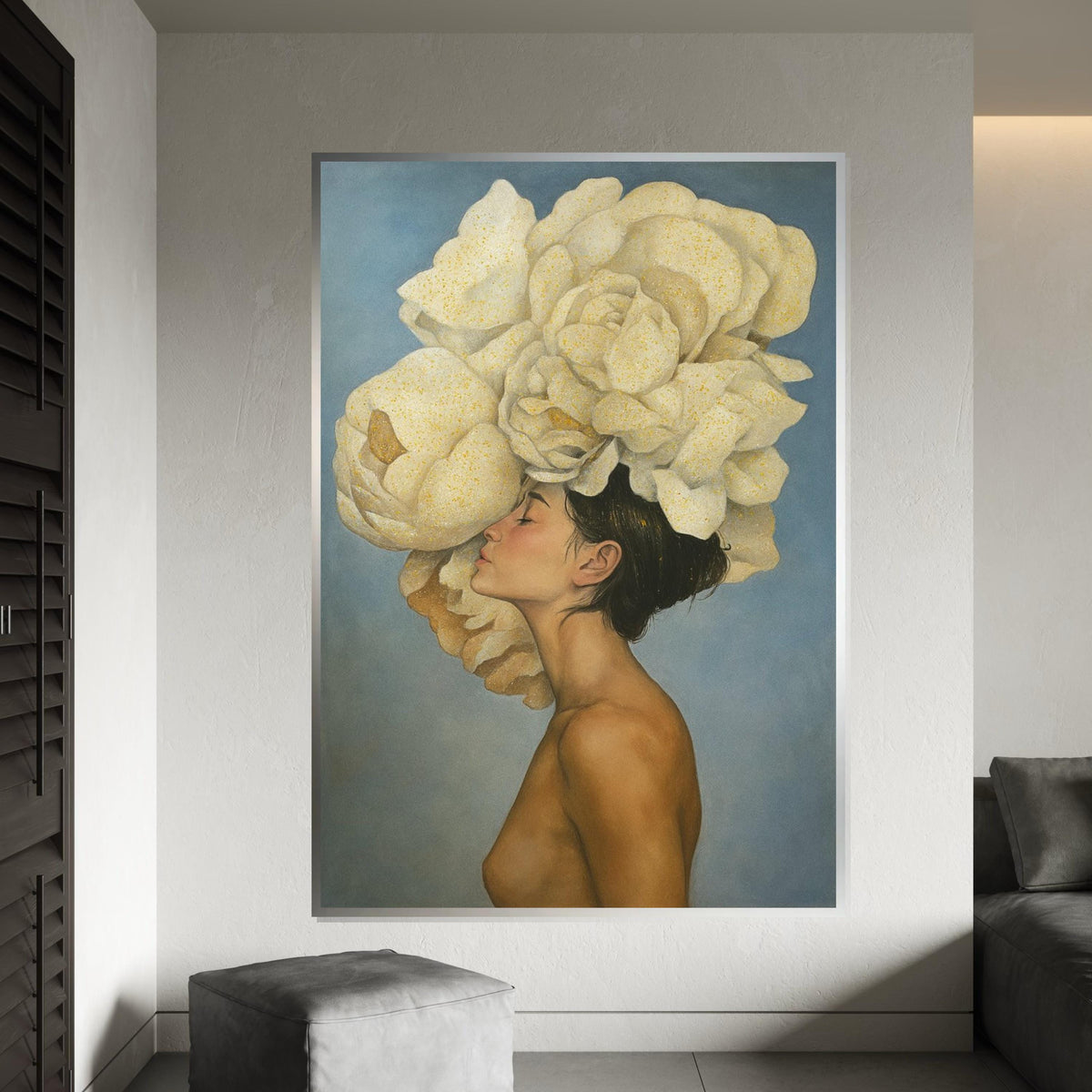 Floral Crown Beauty Canvas, Woman with Flowers Art, Elegant Wall Art, Canvas Design, Ready to Hang Deco, Ethereal Portrait Print