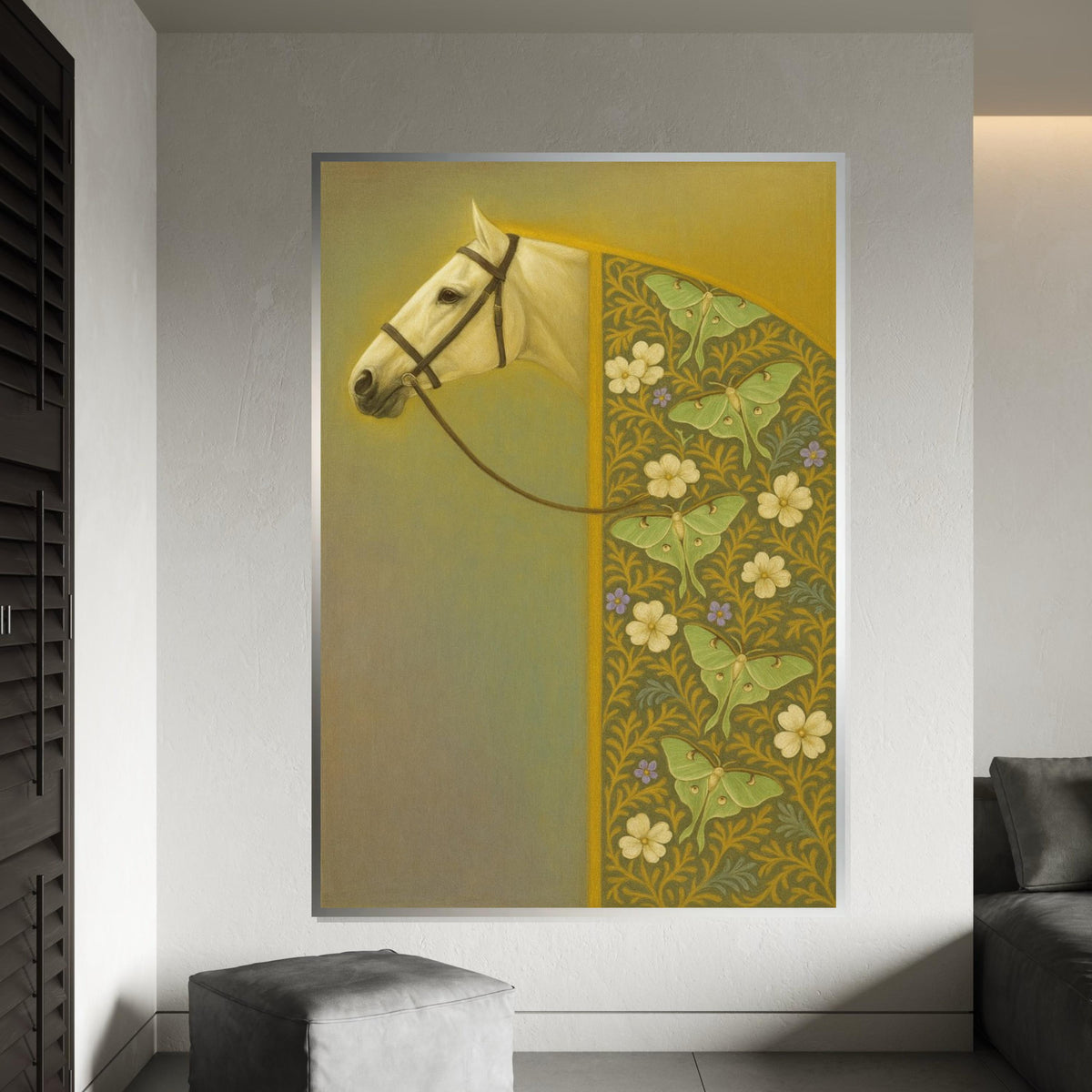Elegant Horse Canvas, Floral Pattern Horse Art, Butterfly Print, Wall Art Canvas Design, Ready To Hang Decoration