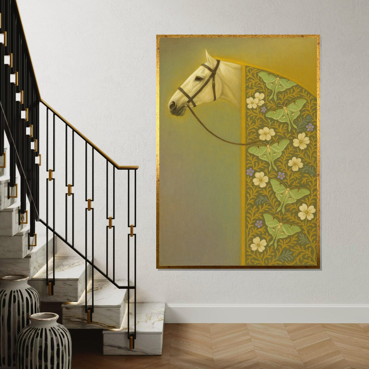 Elegant Horse Canvas, Floral Pattern Horse Art, Butterfly Print, Wall Art Canvas Design, Ready To Hang Decoration