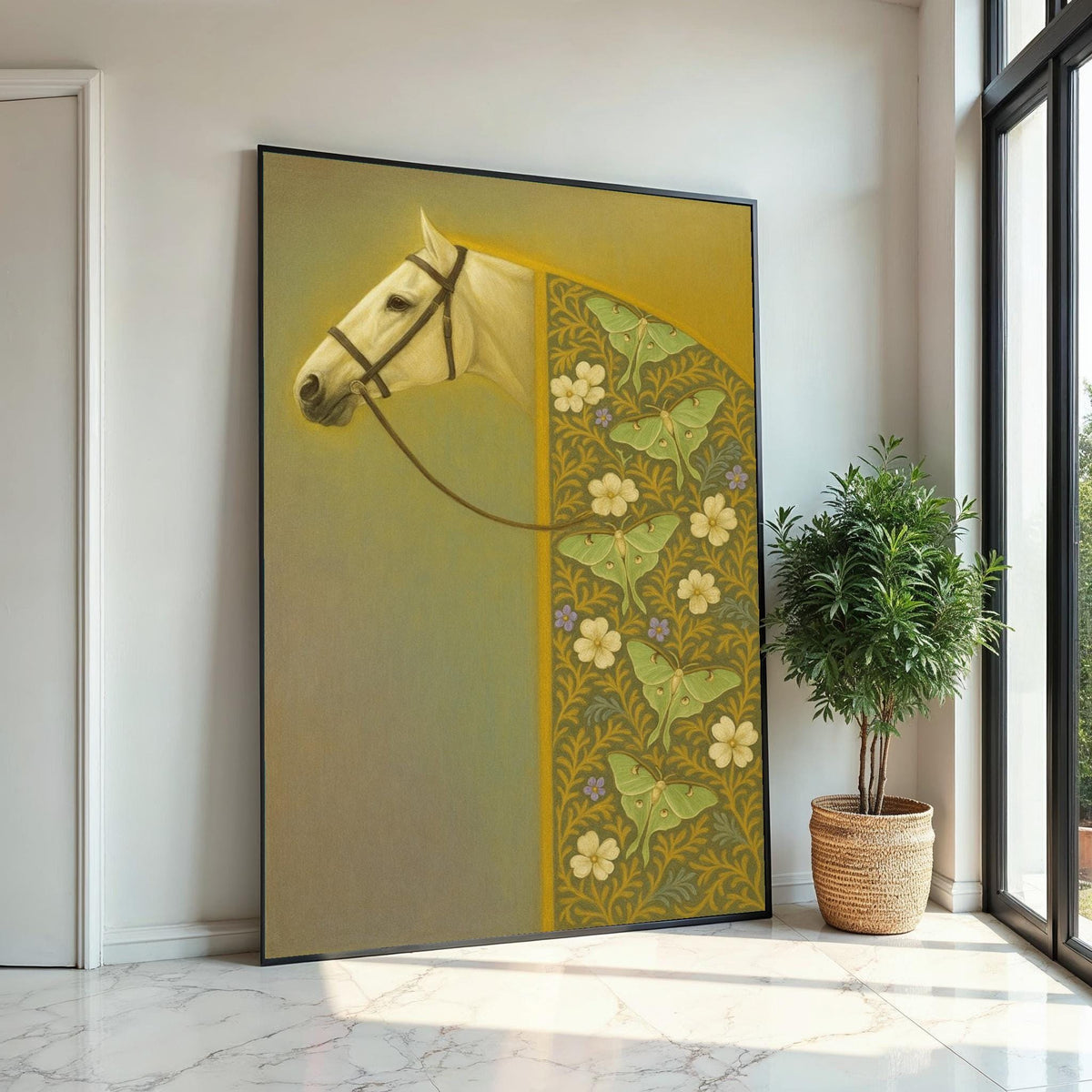 Elegant Horse Canvas, Floral Pattern Horse Art, Butterfly Print, Wall Art Canvas Design, Ready To Hang Decoration