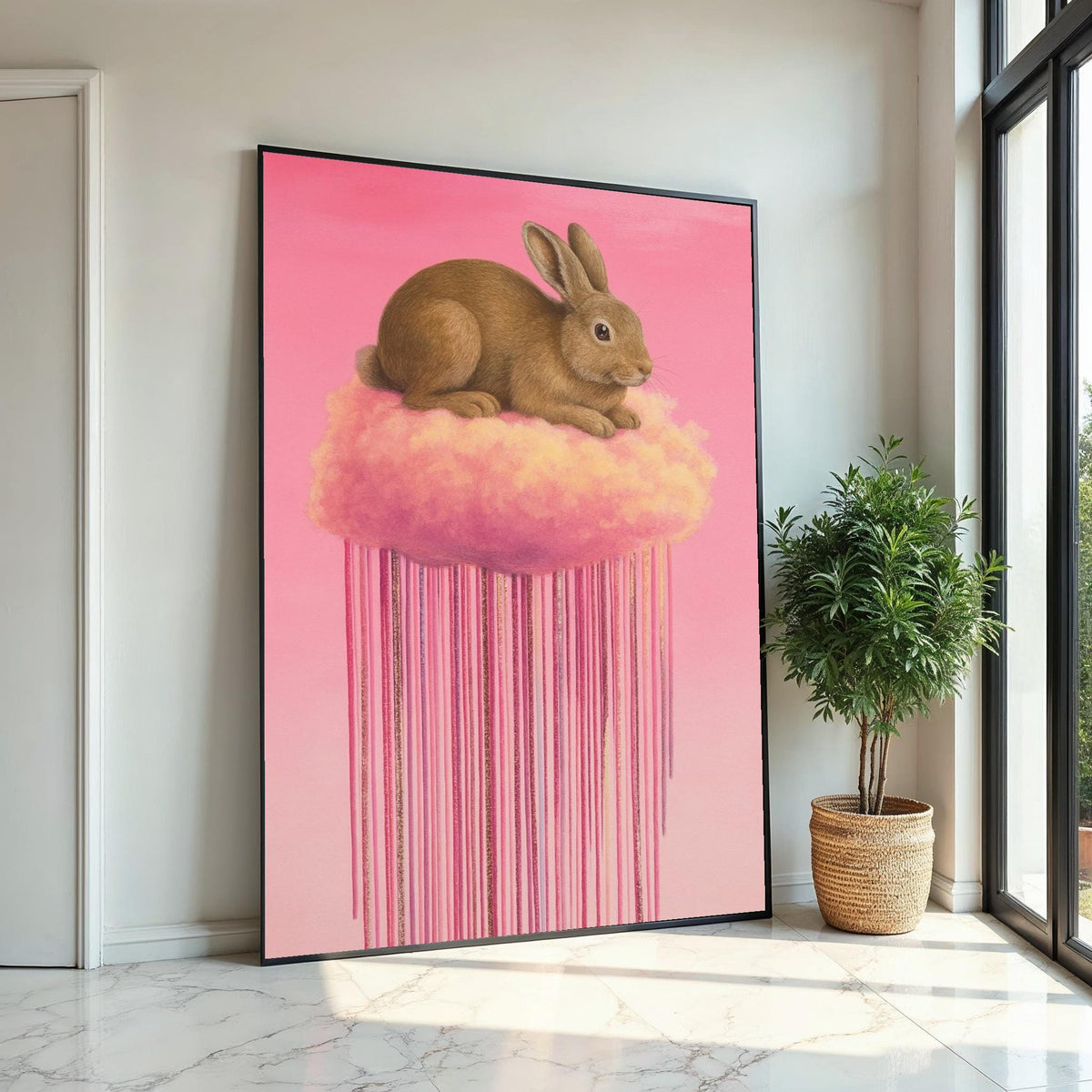 Fluffy Bunny on Cloud Canvas, Pink Dreamy Animal Art, Rabbit Wall Print, Pastel Wall Art Canvas Design, Ready to Hang Decoration