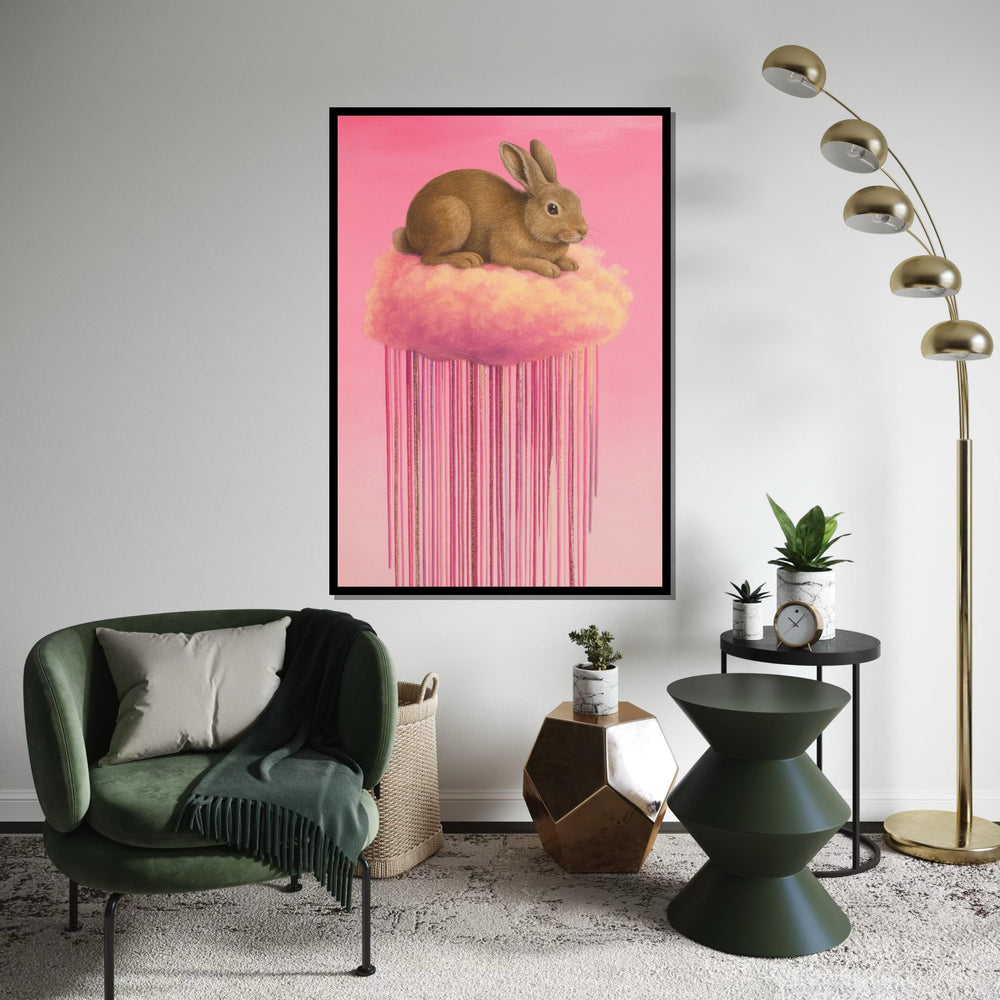 Fluffy Bunny on Cloud Canvas, Pink Dreamy Animal Art, Rabbit Wall Print, Pastel Wall Art Canvas Design, Ready to Hang Decoration