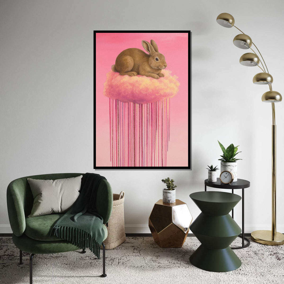 Fluffy Bunny on Cloud Canvas, Pink Dreamy Animal Art, Rabbit Wall Print, Pastel Wall Art Canvas Design, Ready to Hang Decoration