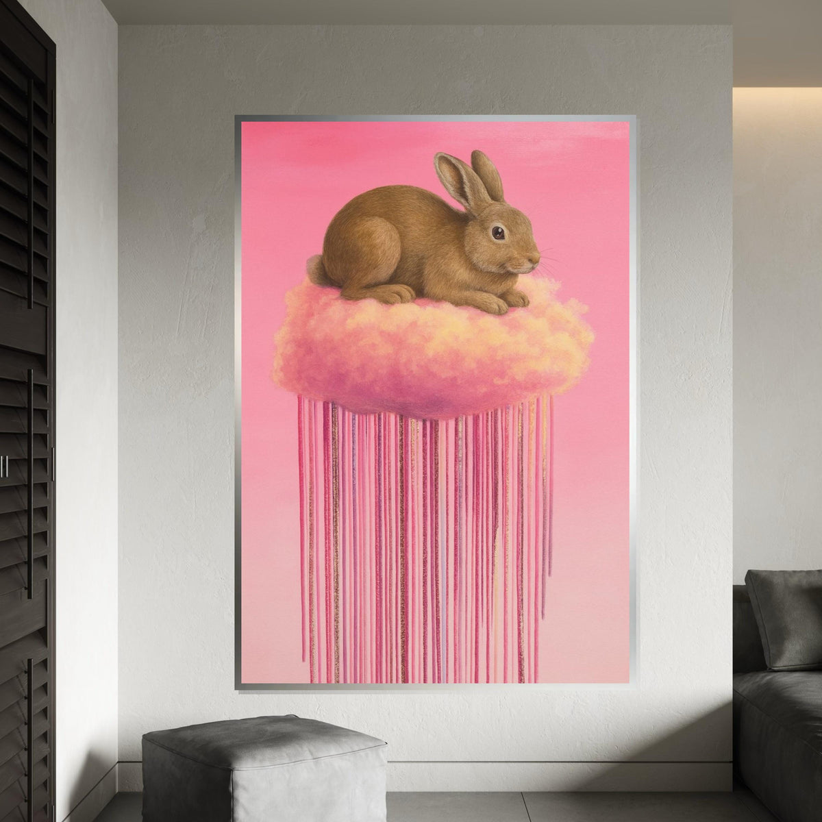 Fluffy Bunny on Cloud Canvas, Pink Dreamy Animal Art, Rabbit Wall Print, Pastel Wall Art Canvas Design, Ready to Hang Decoration