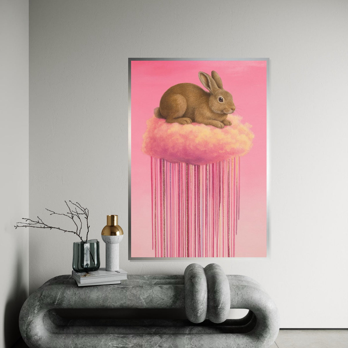 Fluffy Bunny on Cloud Canvas, Pink Dreamy Animal Art, Rabbit Wall Print, Pastel Wall Art Canvas Design, Ready to Hang Decoration