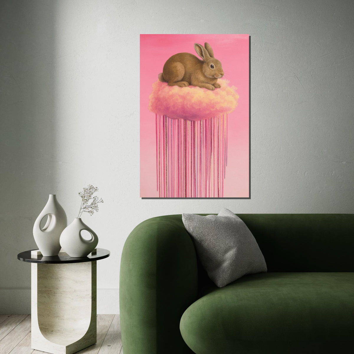 Fluffy Bunny on Cloud Canvas, Pink Dreamy Animal Art, Rabbit Wall Print, Pastel Wall Art Canvas Design, Ready to Hang Decoration