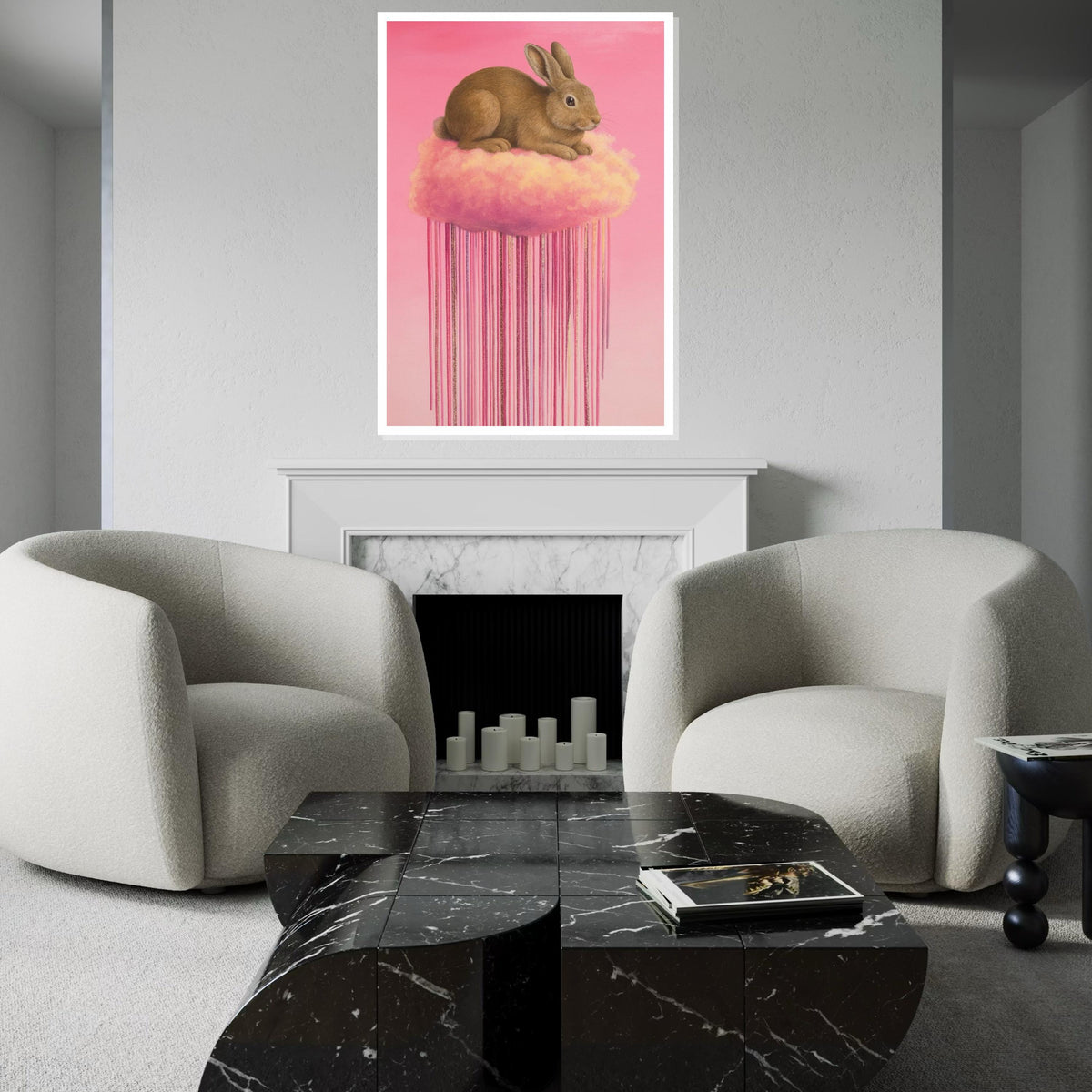 Fluffy Bunny on Cloud Canvas, Pink Dreamy Animal Art, Rabbit Wall Print, Pastel Wall Art Canvas Design, Ready to Hang Decoration