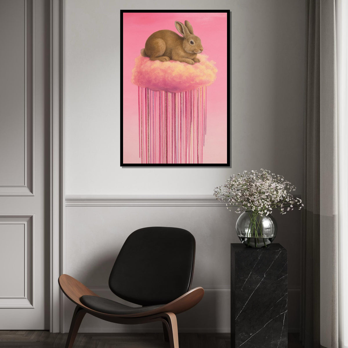Fluffy Bunny on Cloud Canvas, Pink Dreamy Animal Art, Rabbit Wall Print, Pastel Wall Art Canvas Design, Ready to Hang Decoration