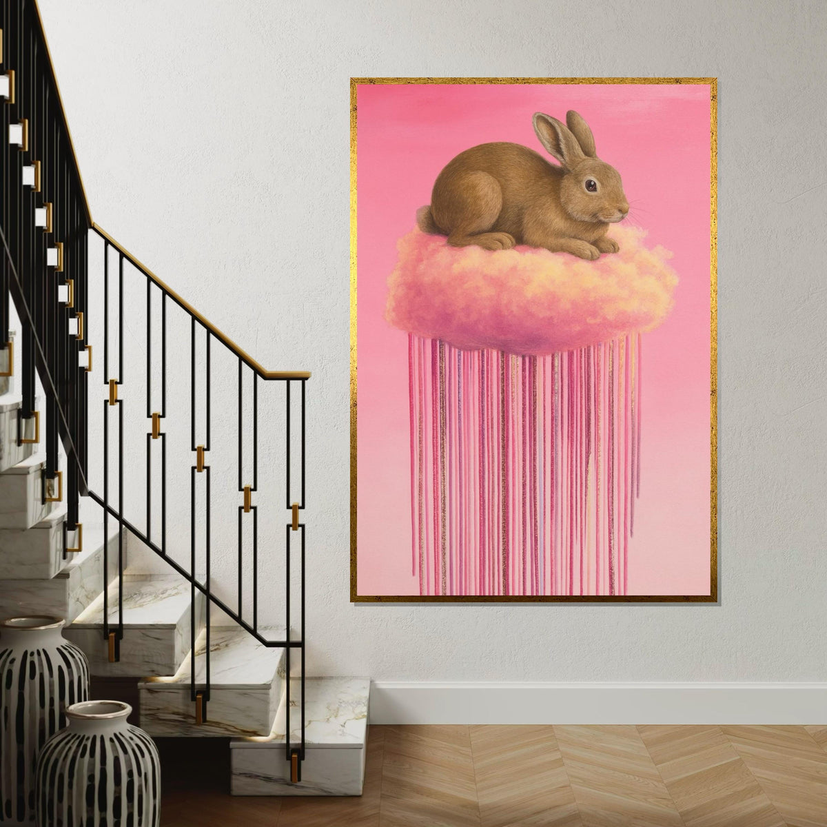 Fluffy Bunny on Cloud Canvas, Pink Dreamy Animal Art, Rabbit Wall Print, Pastel Wall Art Canvas Design, Ready to Hang Decoration